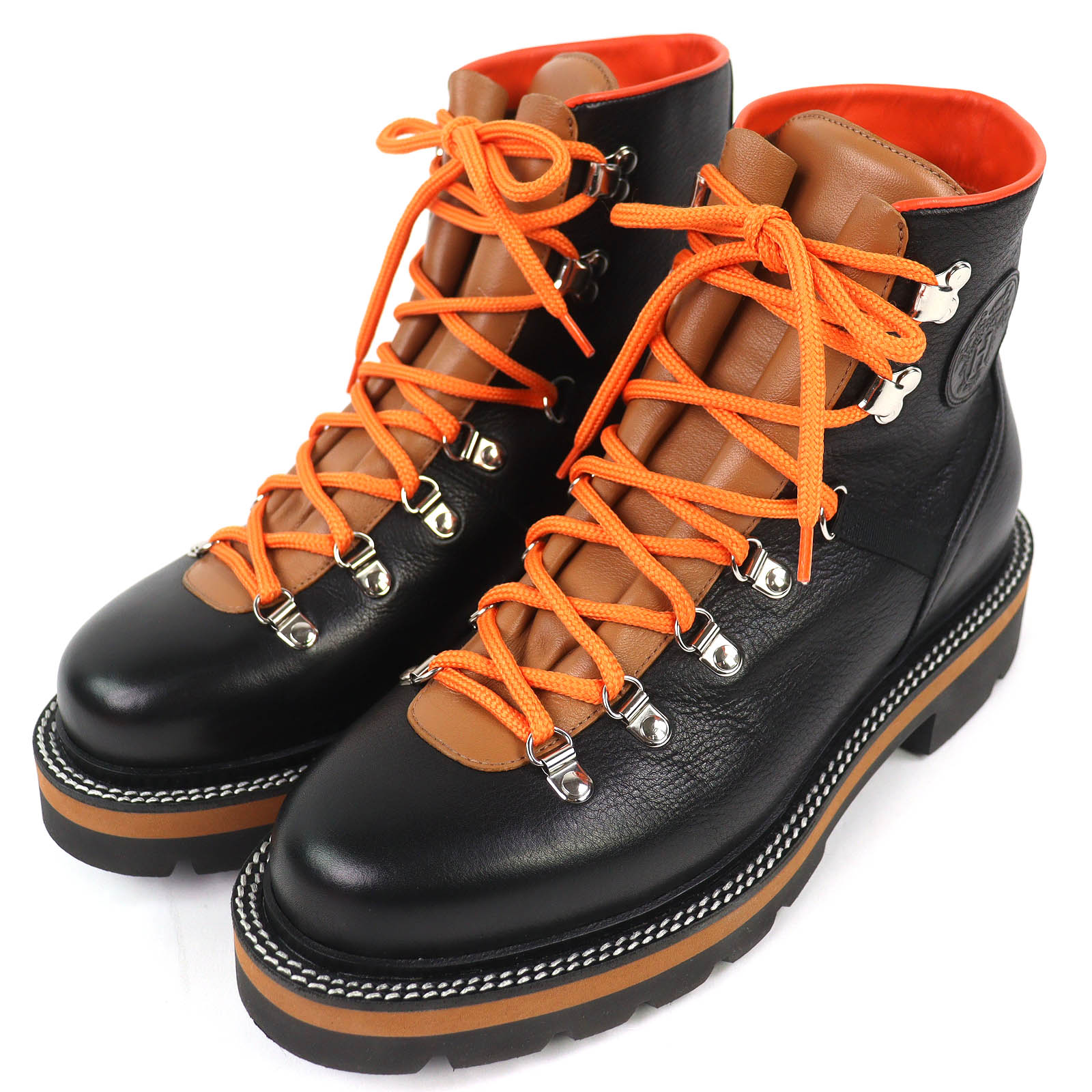 美品△HERMES エルメス 232943Z Hike 山歩き なめし革 Hロゴタイプ トレッキングブーツ 遊撃手ブーツ 黒いこと 赤銅色 オレンジ色 41 箱・保護すること袋付き添い人 イタリア製 メンズ【中古】