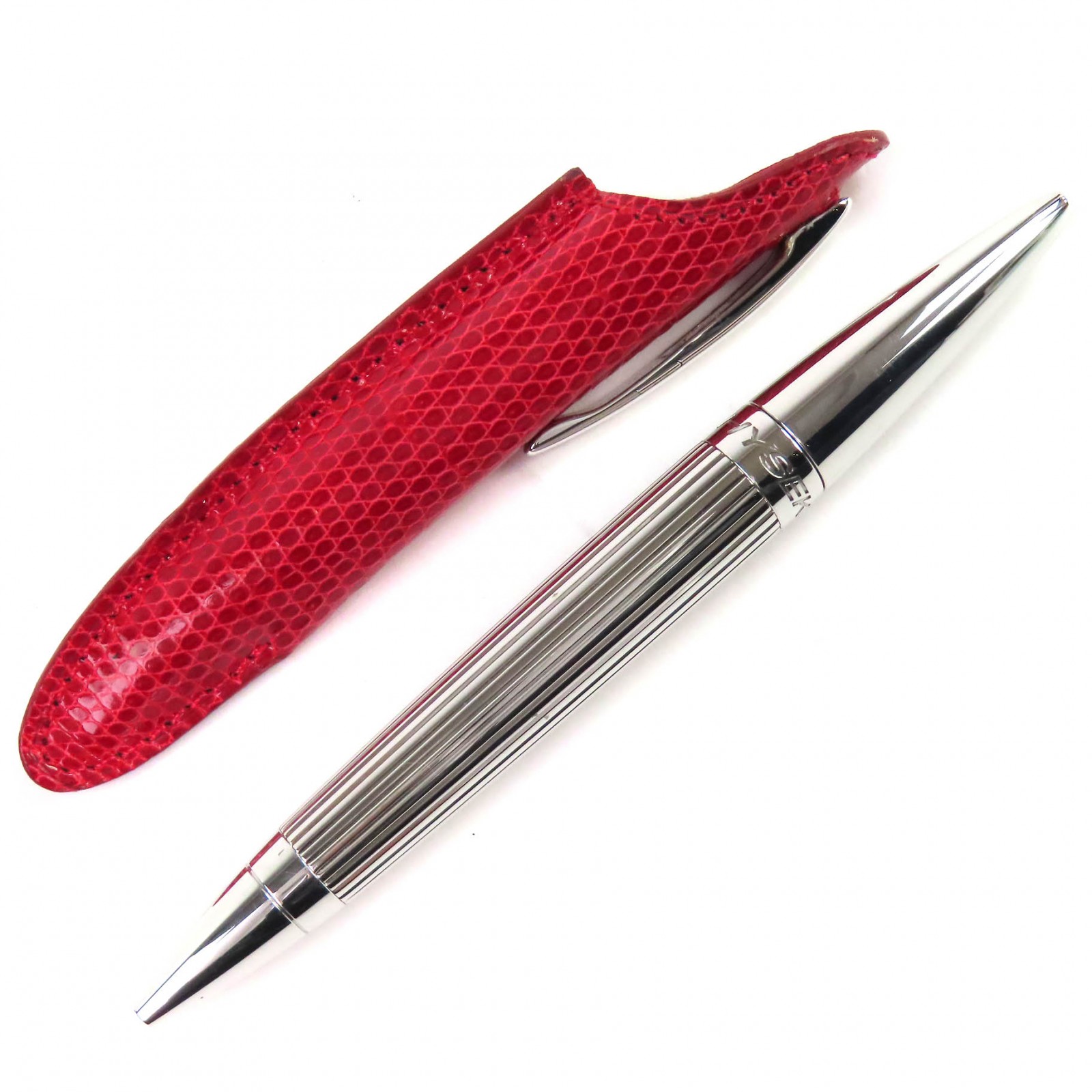極美品△JORG HYSEK ヨルグ イゼック ワニ革 クロコダイルレザーケース付き ロゴ刻印 ツイスト式 ボールペン シルバー レッド メンズ 筆記確認済み【中古】