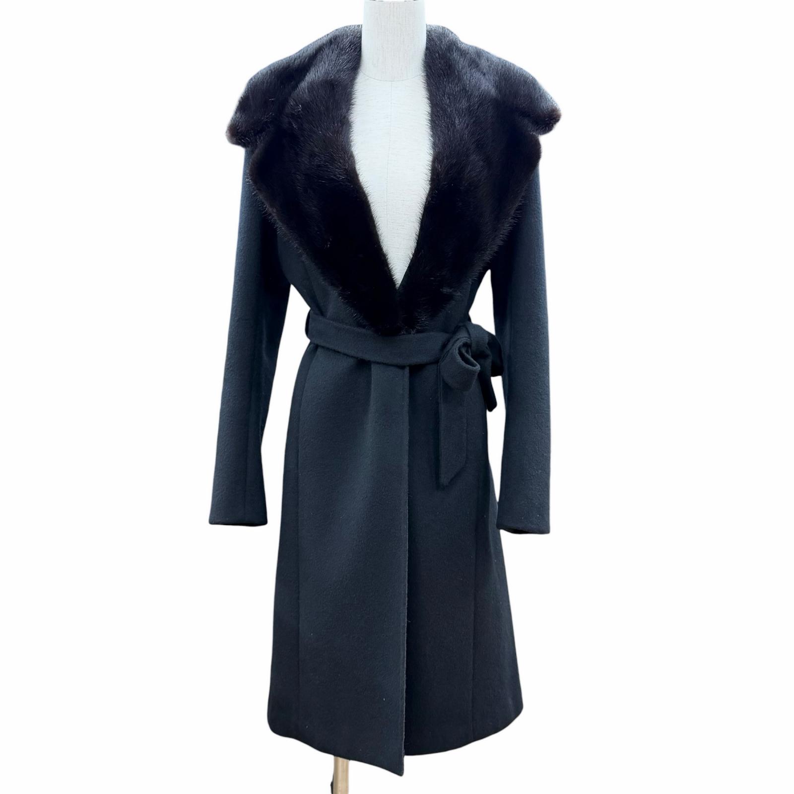 極美品◇FENDI フェンディ カシミヤ100％ 裏シルク100％ ミンクファー ベルト付 ロングコート ブラック 42 ガーメント付き イタリア製 正規品 レディース【中古】