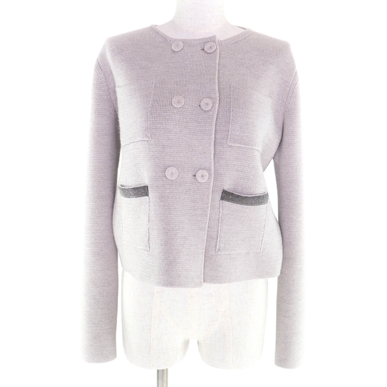 極美品★FABIANA FILIPPI ファビアナ フィリッピ GCD223F518H730 メリノウール100％ スタッズ付 ノーカラー ニット ジャケット グレー 40 イタリア製 正規品 レディース【中古】