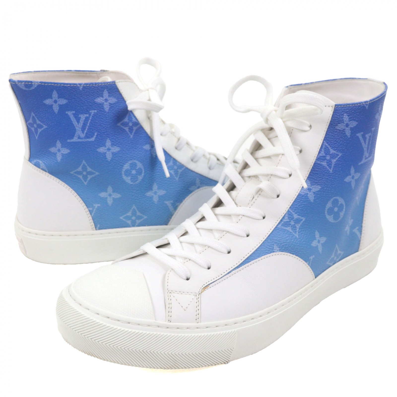 美品▼LOUIS VUITTON ルイヴィトン タトゥーライン モノグラムキャンバス レザー モノグラム レースアップ ハイカットスニーカー ブルー ホワイト 8.5 保存袋付き イタリア製 メンズ【中古】 35,393円
