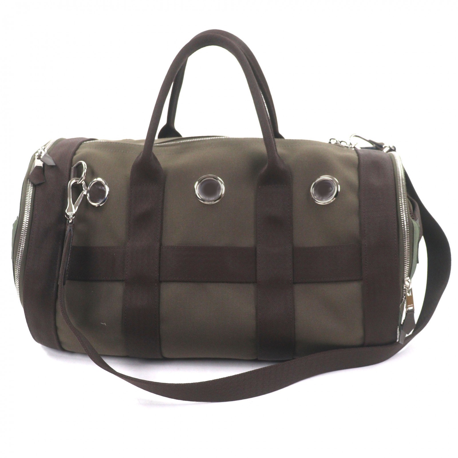 極美品▼HERMES エルメス トワルミリタリー なめし革 しろがね色金具 2WAY 犬用持ちはこび 愛玩動物持ちはこび ボストンバッグ カーキ 赤銅色 Z目じるし フランス共和国製 メンズ【中古】