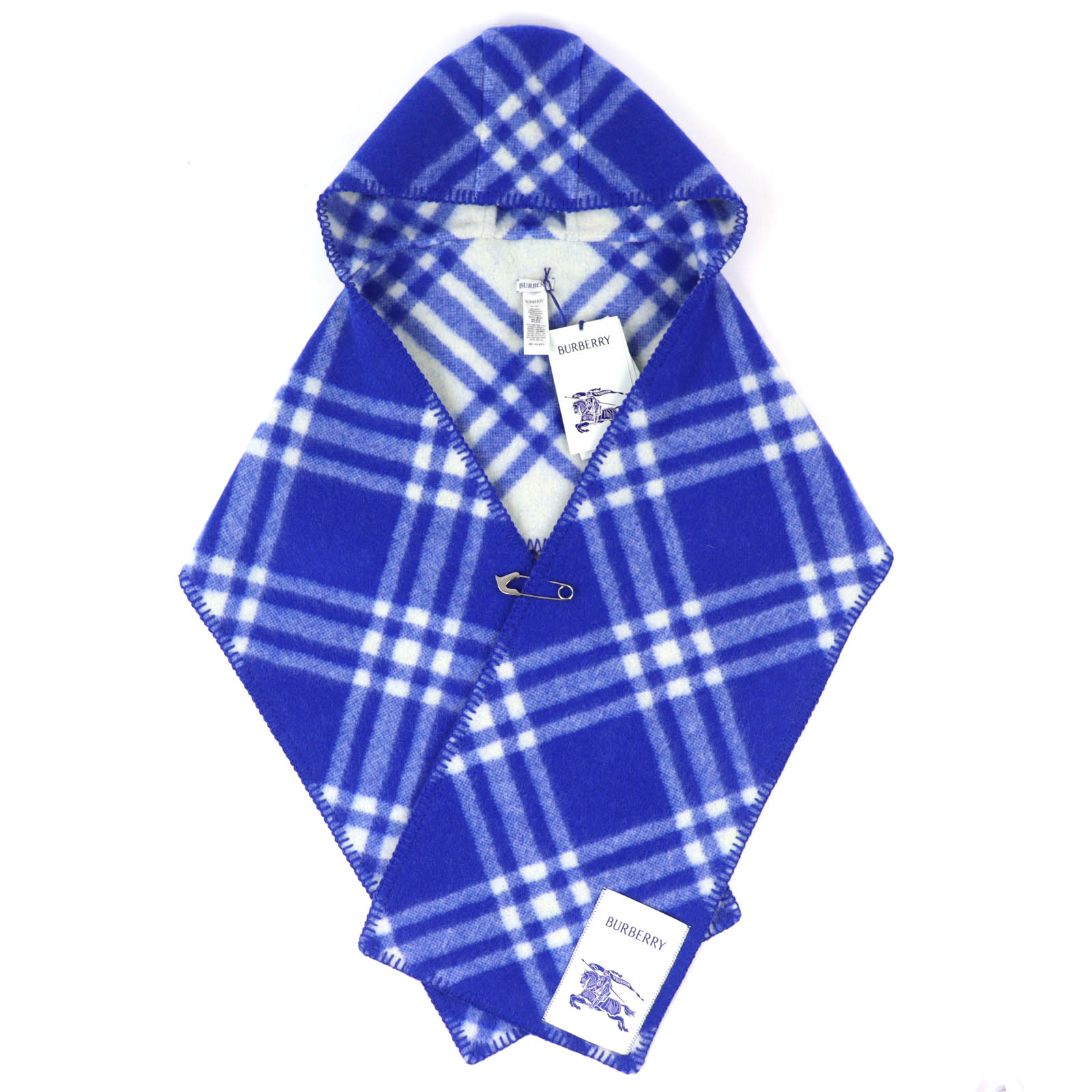 未当て嵌める品△BURBERRY バーバリー 8075628 照合のしるし フーデッド えり巻き 羊毛100％ ホースシェイプピン付き添い人 えり巻き 青碧 195×30珊 イタリア製 定め事品 メンズ【中古】