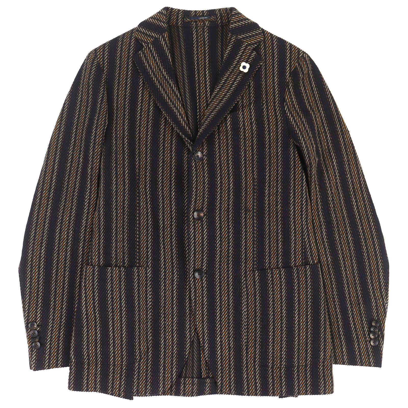 極美品△LARDINI ラルディーニ JU903AQ43 ウール コットン MOWEAR ムーウエア ブートニエール付き ストライプ 総柄 シングル テーラードジャケット ブラック ブラウン 46 イタリア製 正規品 メンズ【中古】 25,410円