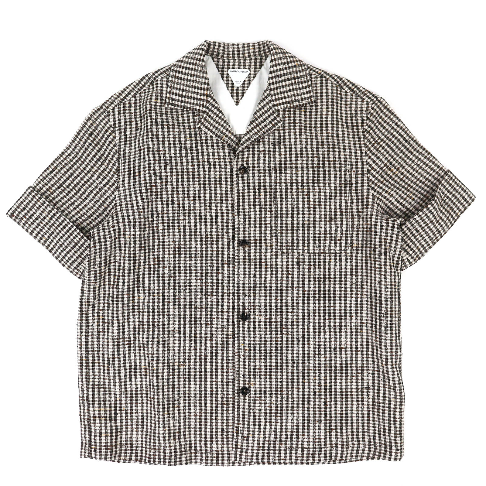 極美品△BOTTEGAVENETA ボッテガヴェネタ 25SS 776819 シルク混 チェック柄 オープンカラー 半袖シャツ ブラウン ホワイト 44 イタリア製 正規品 メンズ【中古】
