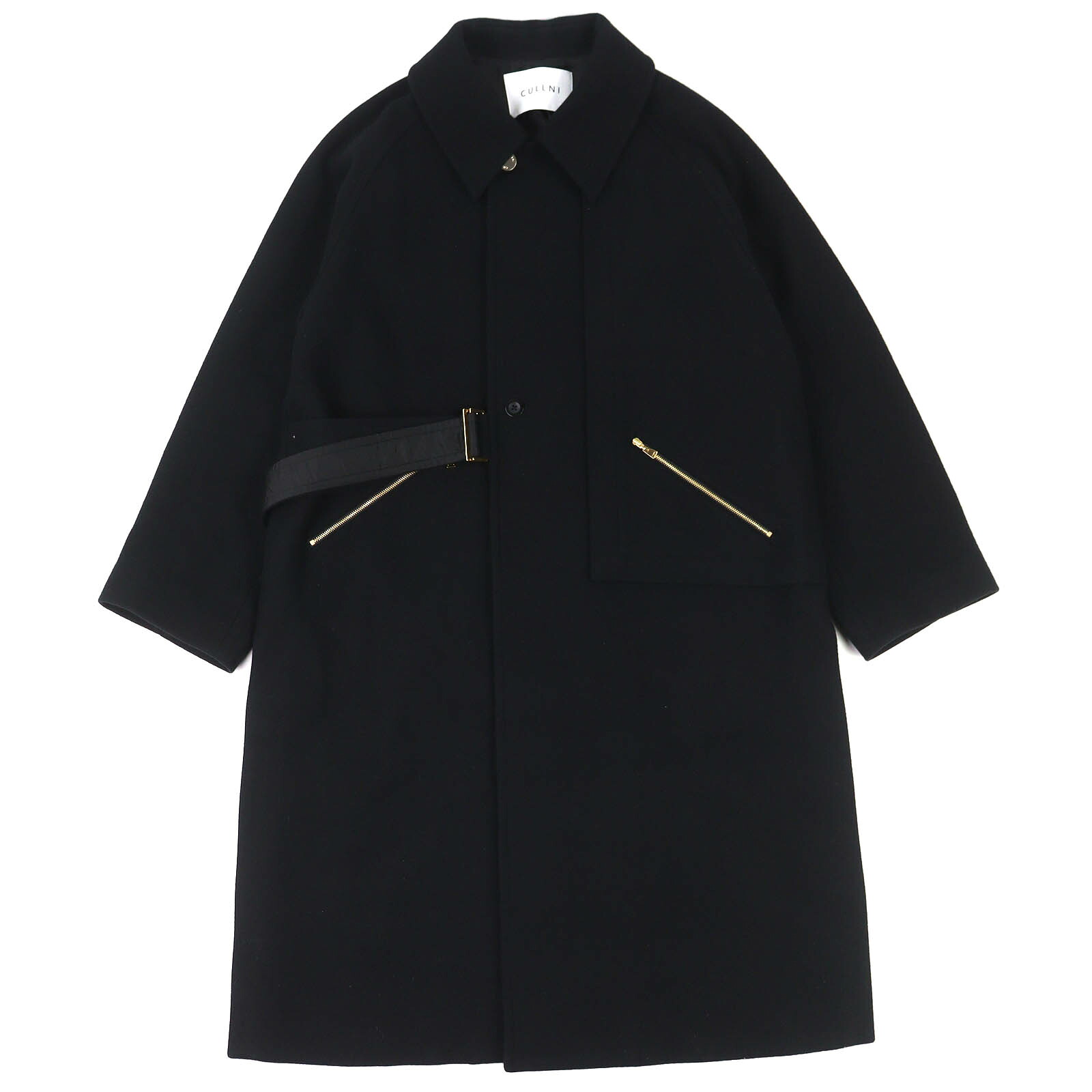 極美品△CULLNI クルニ CU-054-ST 別注 Soutien Collar Tie Locken coat ウール100％ ロゴボタン サイドベルト付き ロング ステンカラーコート ブラック 1 正規品 メンズ【中古】