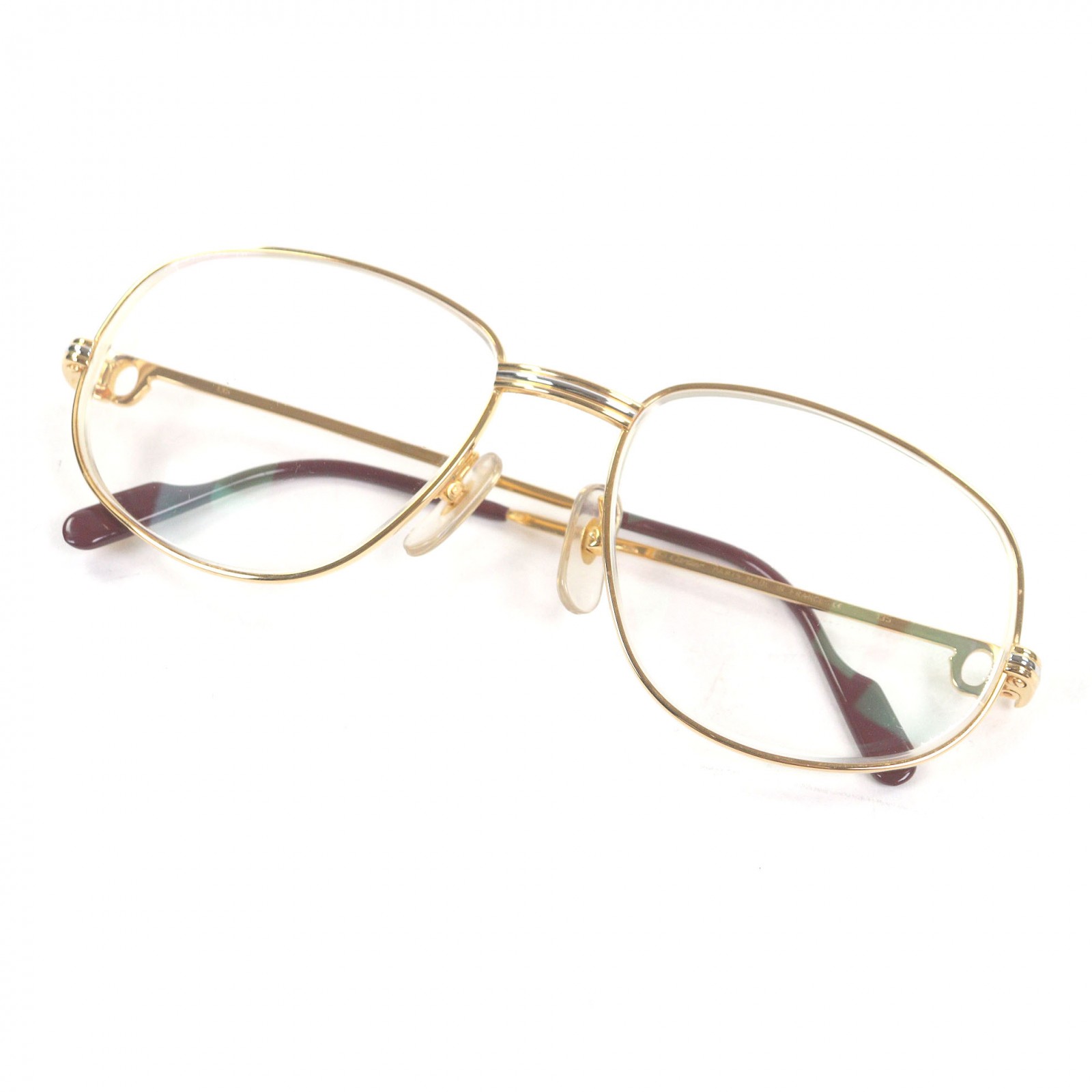 良品□Cartier カルティエ ヴィンテージ 2Cデコール トリニティ メガネ 眼鏡 アイウェア ゴールド ボルドー 56□18 度入り フランス製 メンズ【中古】