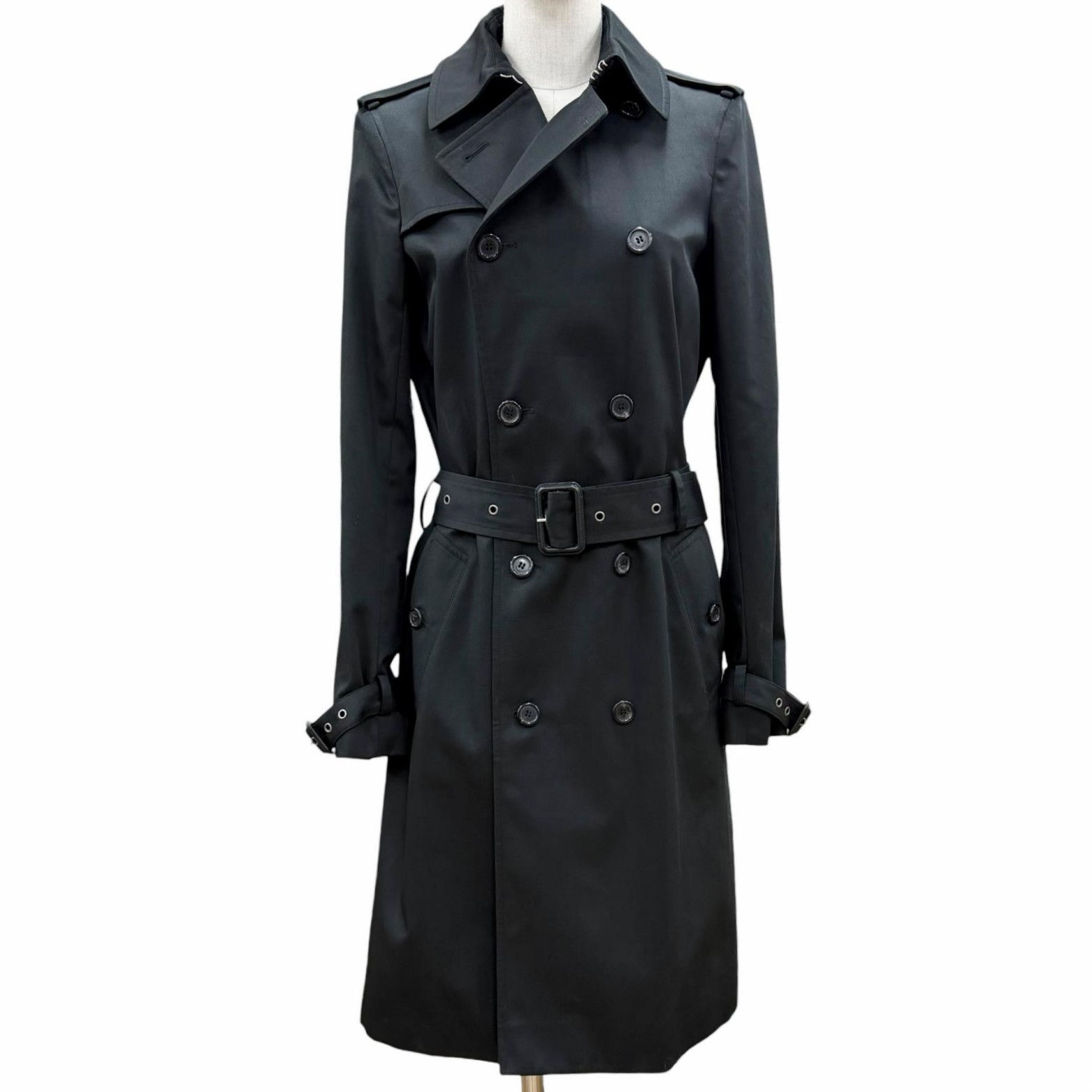 極美品◇SAINT LAURENT PARIS サンローランパリ 507530 ロゴボタン レザー使い ベルト付き トレンチコート ブラック 36 イタリア製 正規品 レディース【中古】