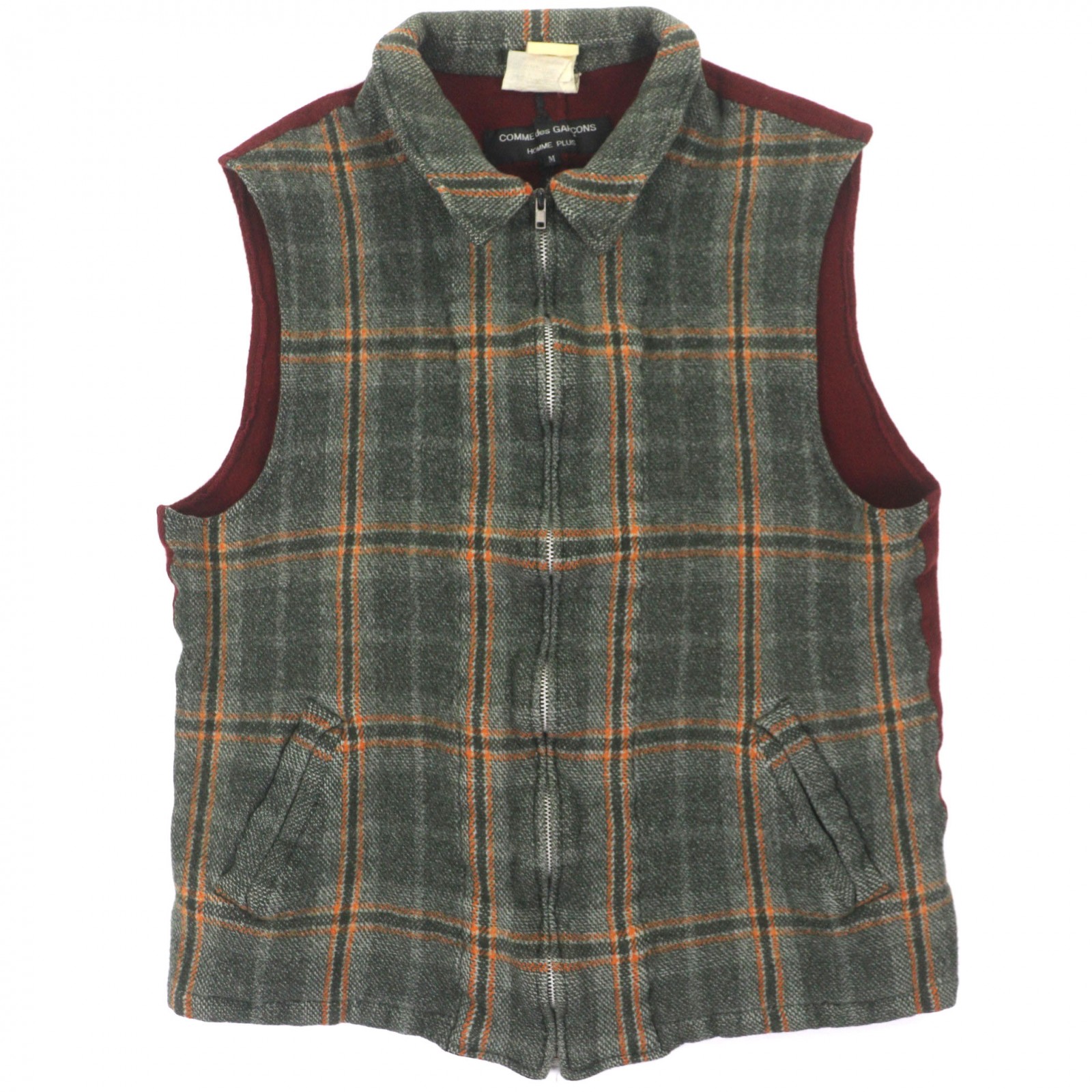 美品▼COMME des GARCONS HOMME PLUS コムデギャルソンオムプリュス 94AW 縮絨期 高橋盾/JONIO着付ける 読み合わせる柄 ジップアップ ジレ より良い カーキ ボルドーワイン M メンズ【中古】