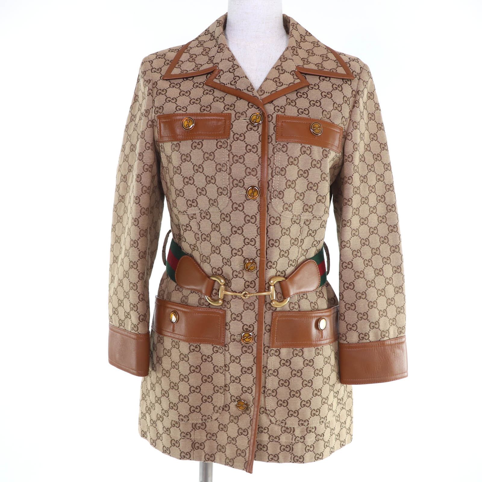 未当て嵌める品☆GUCCI グッチ 682302 導管ビット金具ウェブラインベルト付 GG帆布 上衣 赤銅色系 38 ハンガー付き添い人 イタリア製 置き目品 レディース【中古】