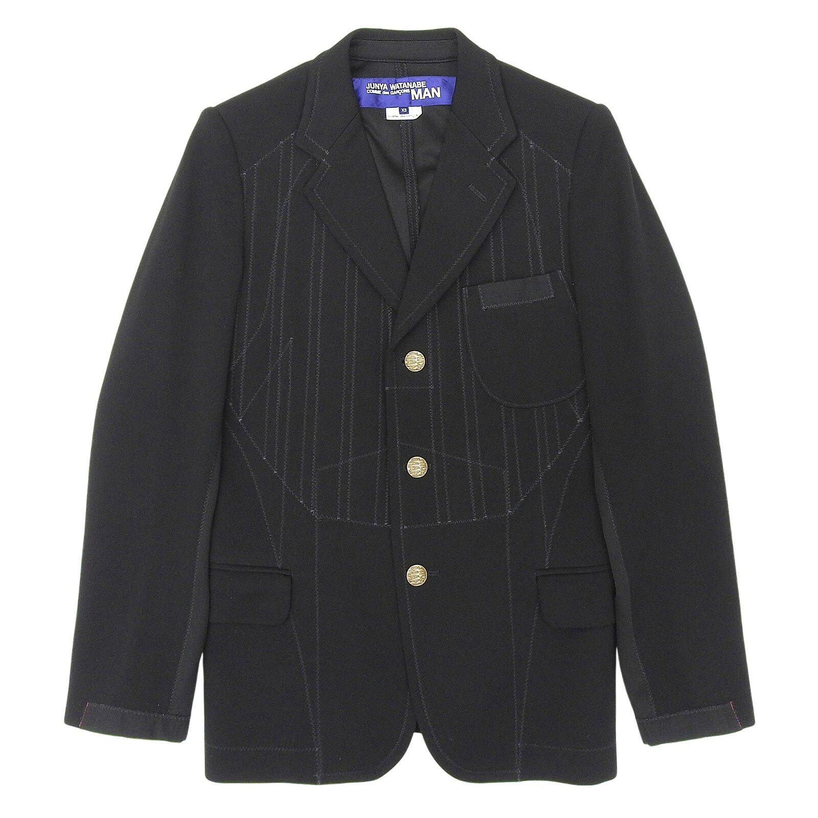 極美品▲JUNYA WATANABE MAN COMME des GARCONS ジュンヤワタナベ マン コムデギャルソン WG-J009 ステッチデザイン 金ボタン ブレザー ジャケット ブラック XS ハンガー付き 日本製 正規品 メンズ【中古】