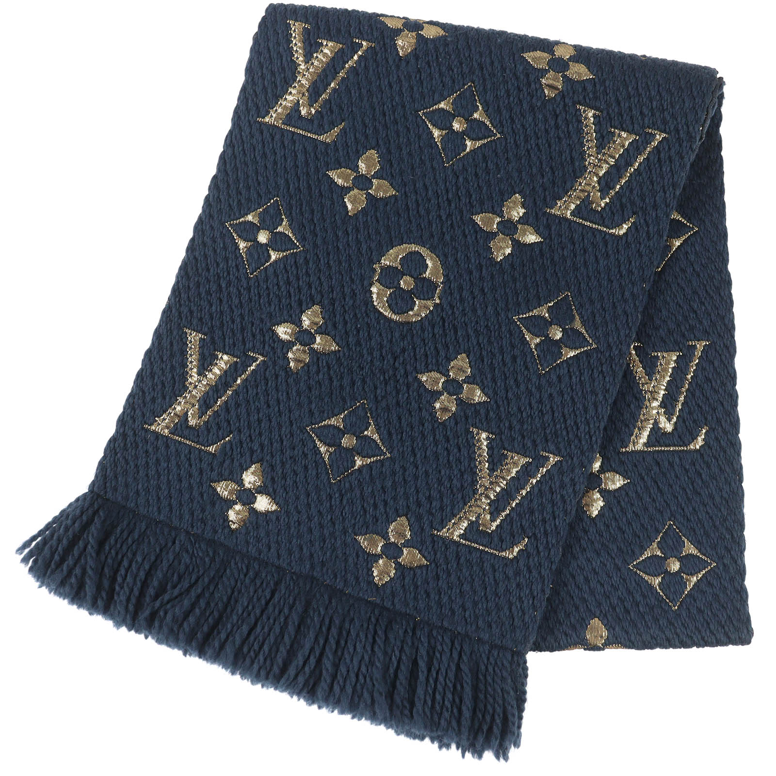 美品△LOUIS VUITTON ルイヴィトン 2018年製 M70815 エシャルプ ロゴタイプ気違い シャイン 羊毛 地絹 フリンジ えり巻き 米国海軍 ゴールド 箱・保護すること袋付き添い人 イタリア製 メンズ【中古】