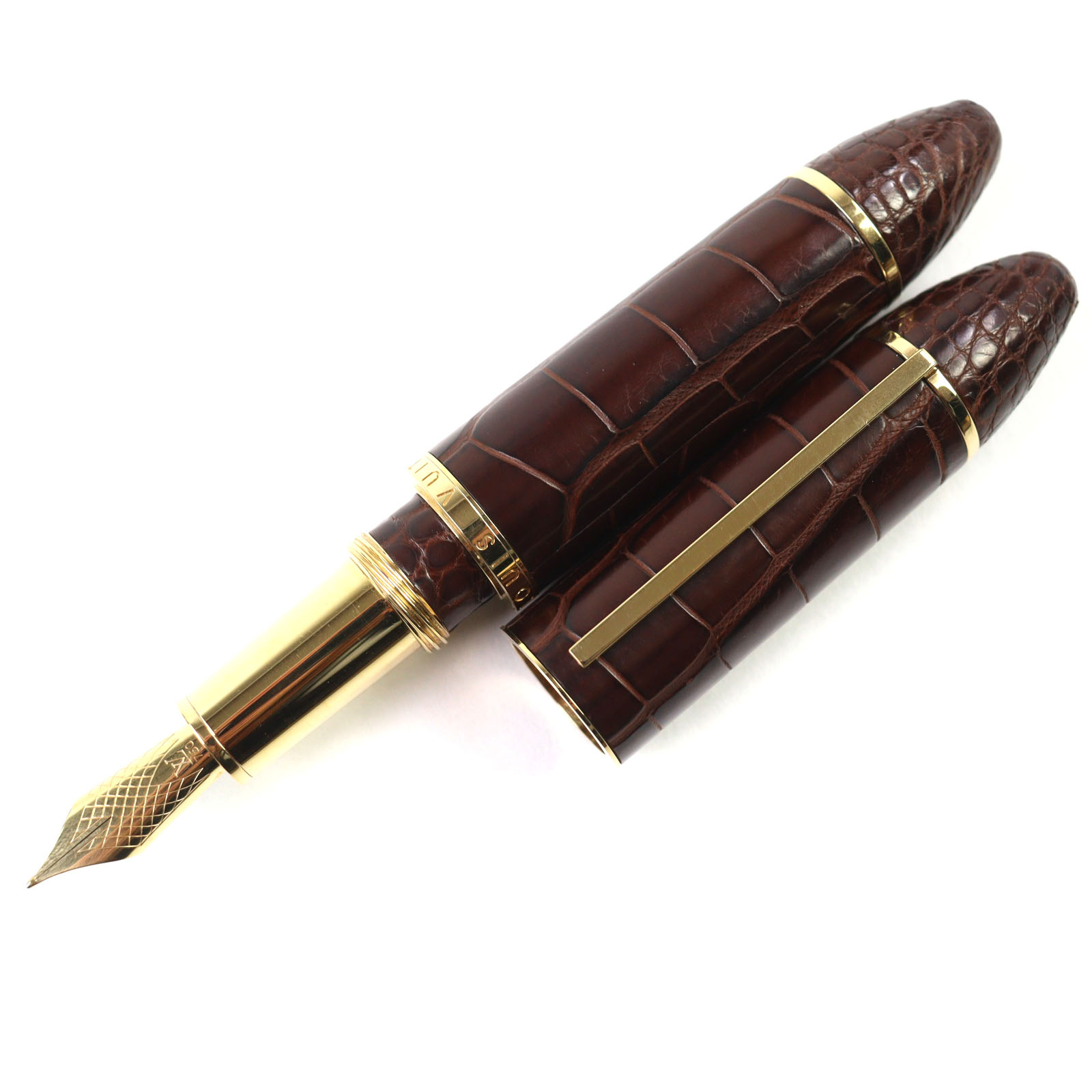美品▼LOUIS VUITTON ルイヴィトン N73240 クロコダイルレザー ペン先18K Fニブ カーゴ アリゲーター 万年筆 ブラウン ゴールド 箱付き フランス製 メンズ【中古】