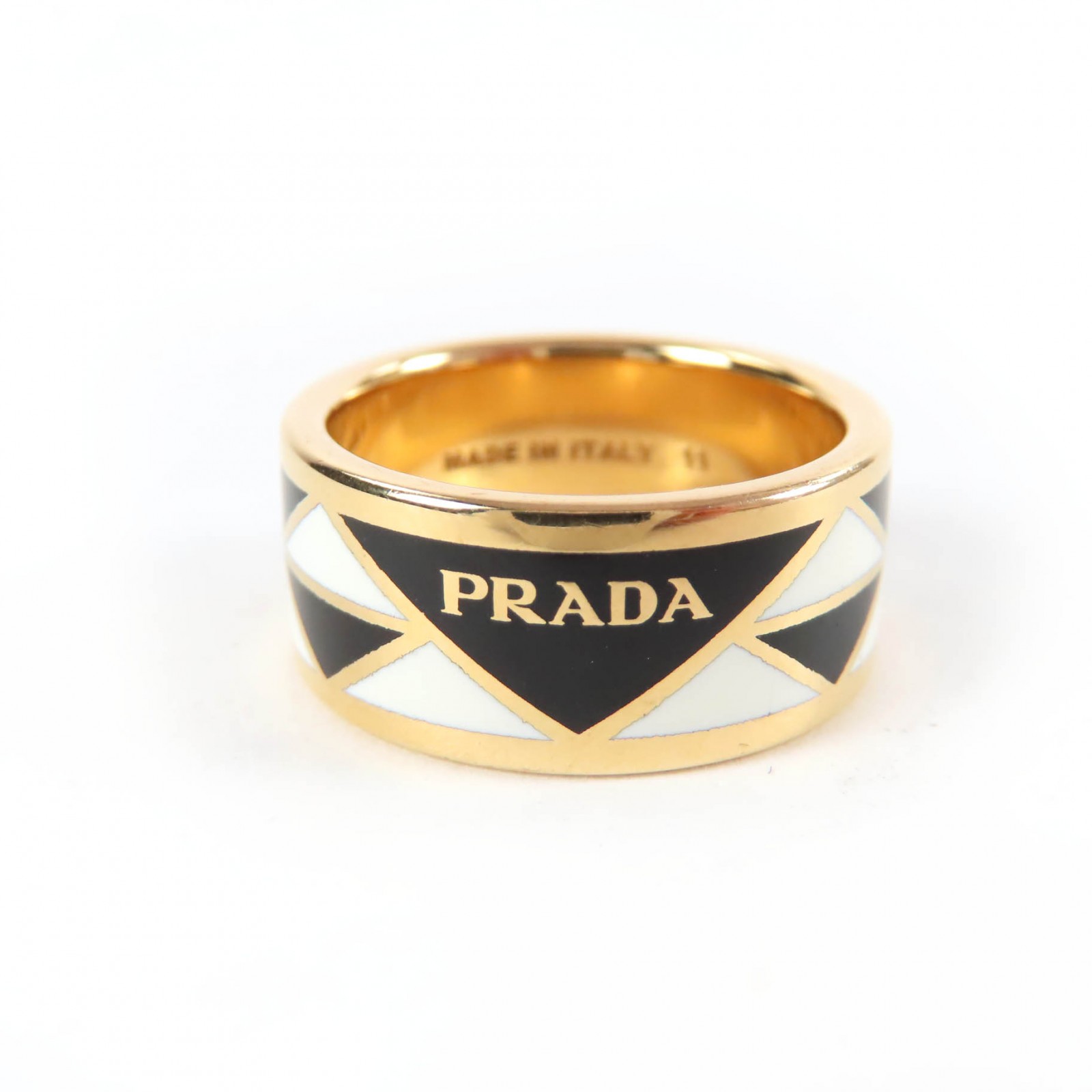 良品☆PRADA プラダ 1A009 トライアングル ロゴ リング・指輪 ブラック ホワイト ゴールド JP11号 箱・保存袋付き イタリア製 レディース【中古】