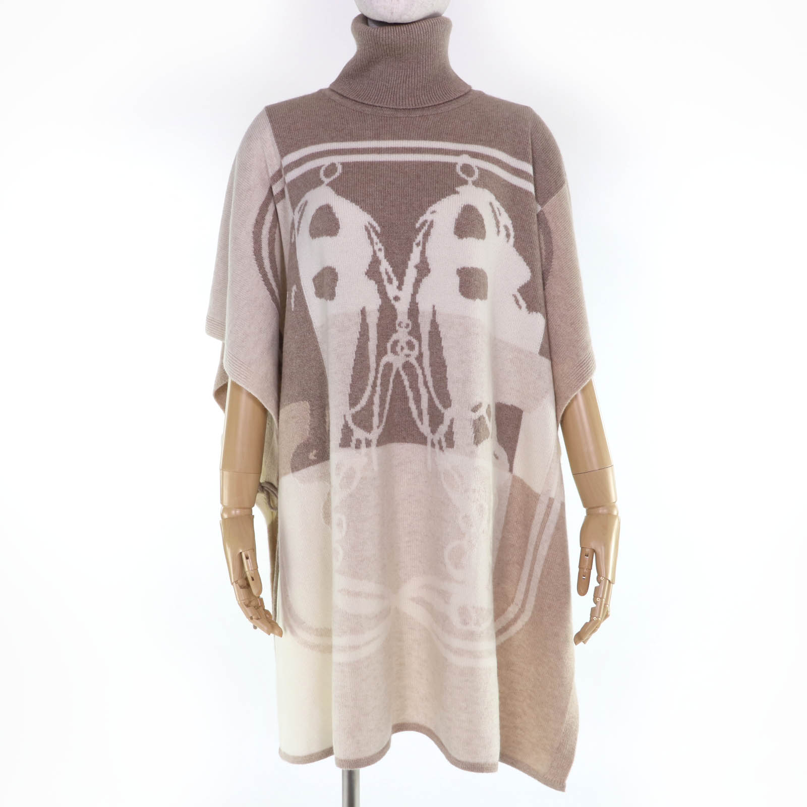 美品☆HERMES エルメス BRIDES de GALA 式典用馬勒 カシミヤ100％ ハイネック ニット 大判 ポンチョ ベージュ TU 英国製 レディース【中古】
