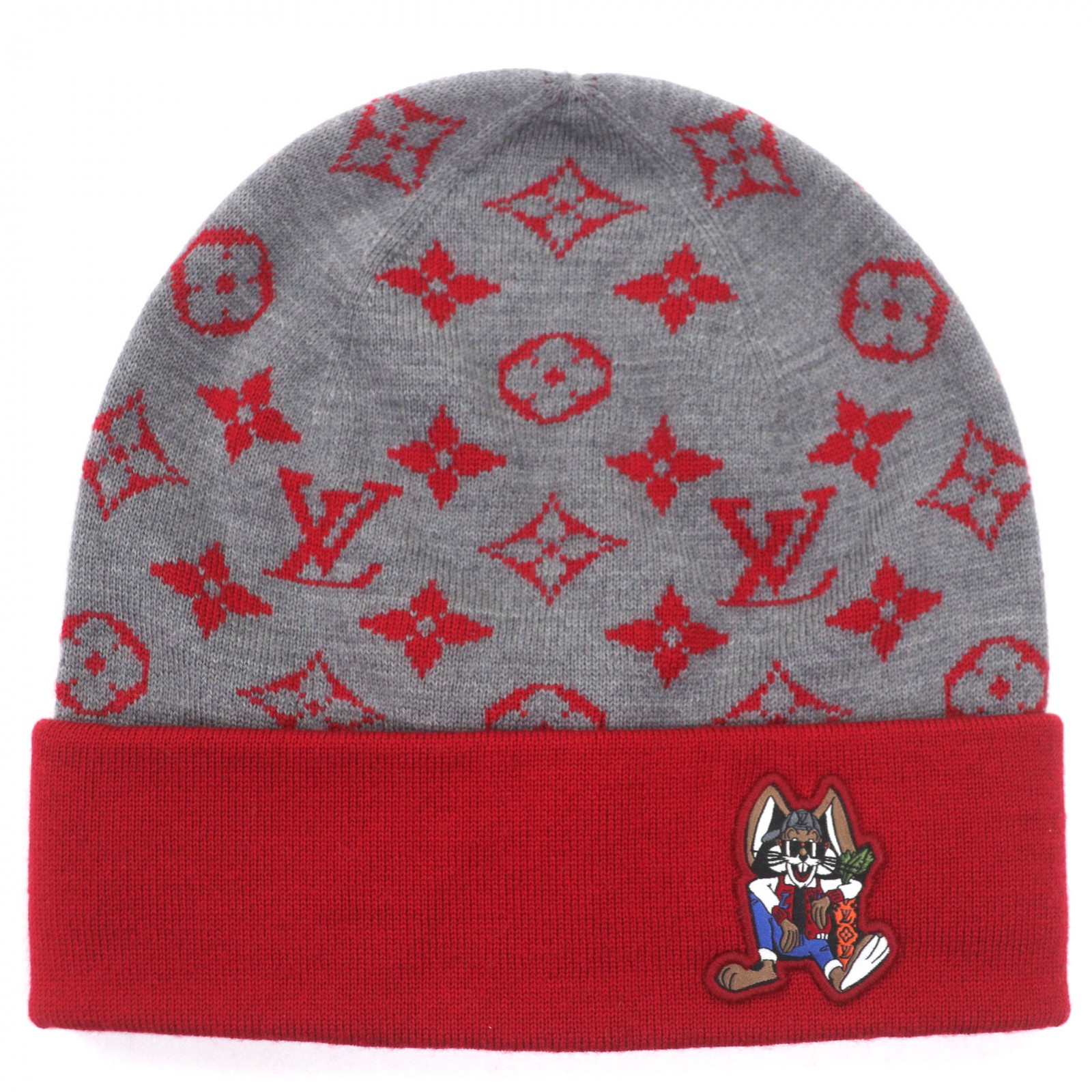 極美品▼LOUIS VUITTON ルイヴィトン M77963 LVラビット モノグラム ウール100% 帽子 ニットキャップ グレー レッド イタリア製 正規品 メンズ【中古】