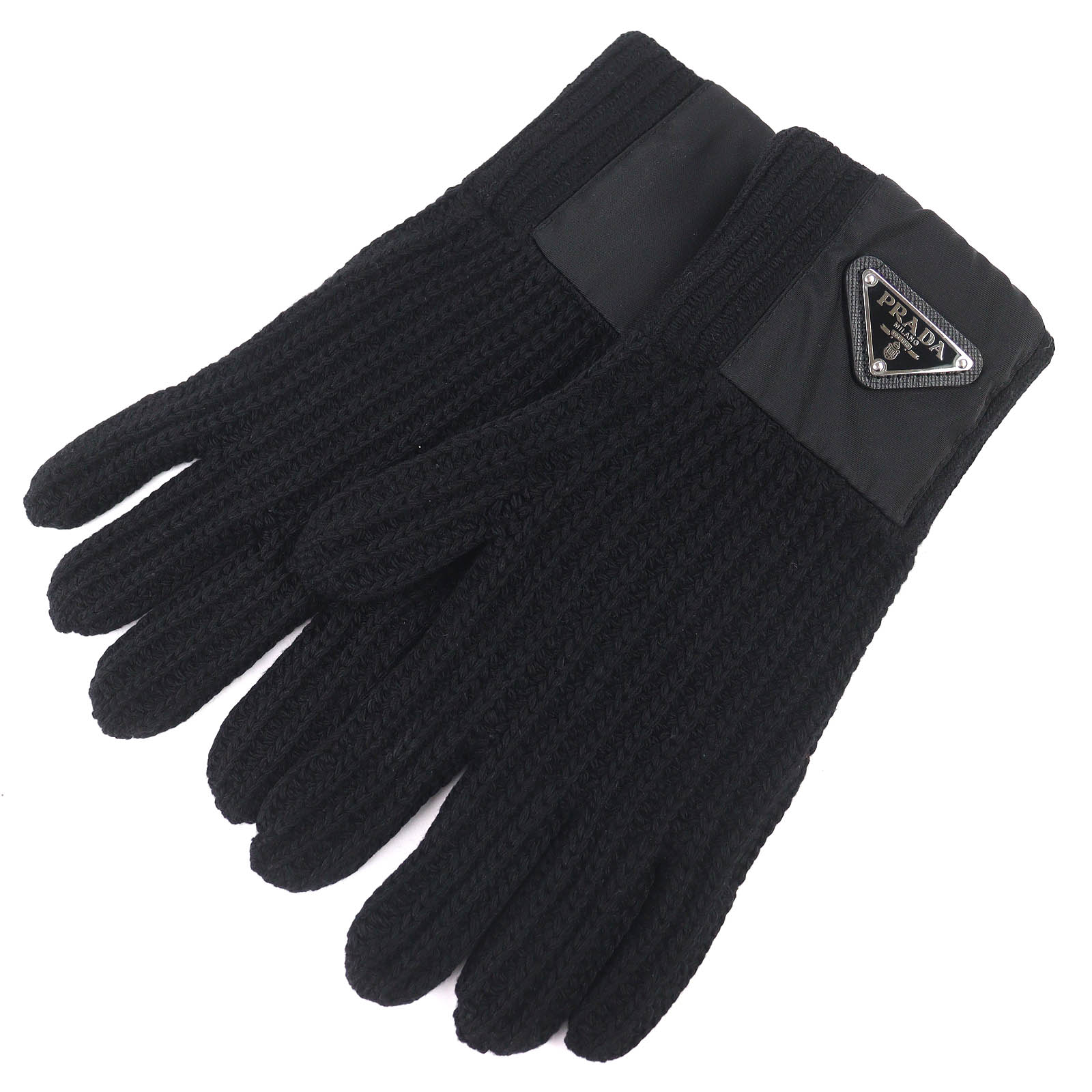 美品△PRADA プラダ 2024年製 UMK75 手入らず羊毛 カシミール RE-NYLON トライアングルロゴプレート リブニット 地球儀 グローブ 黒いこと メンズ【中古】