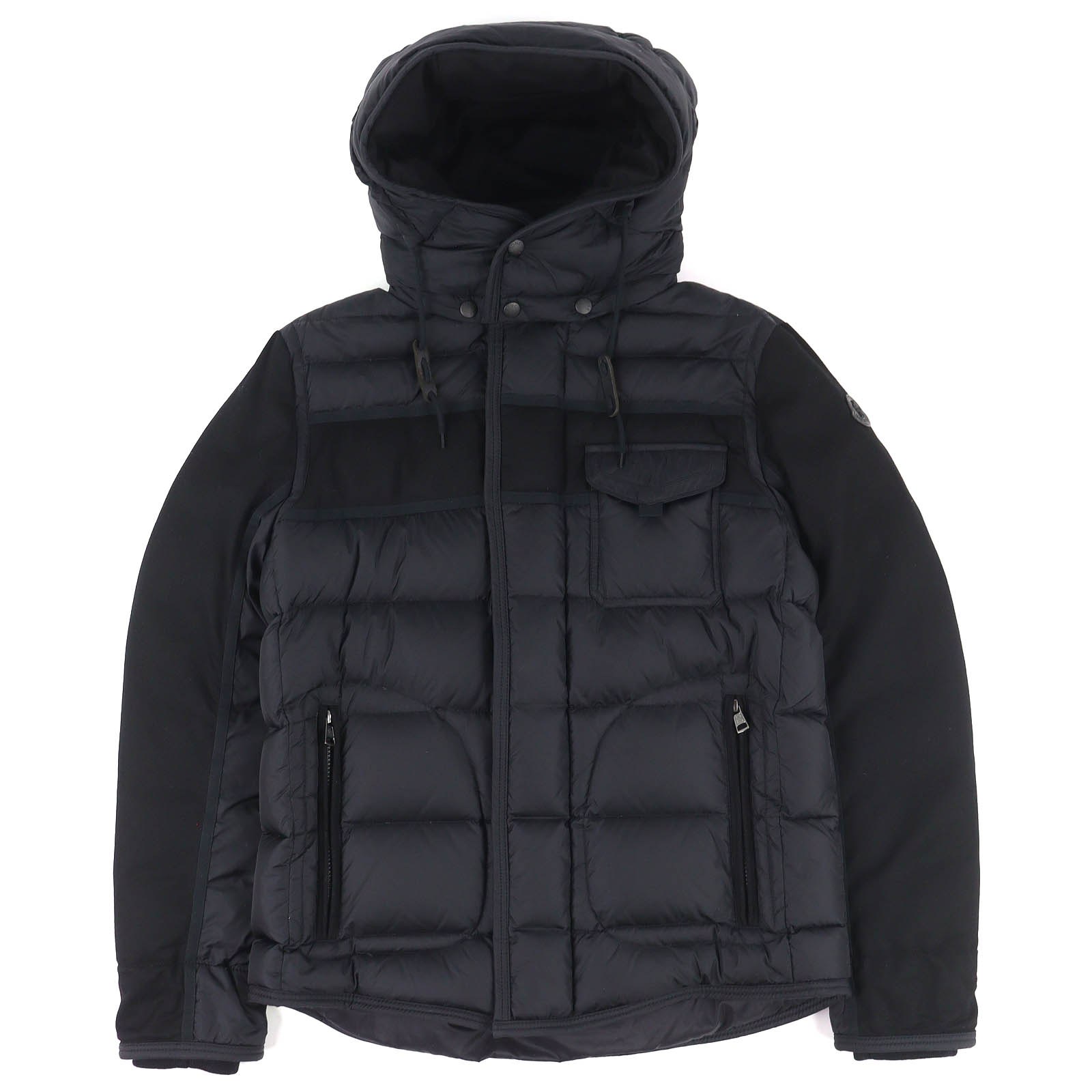 美品△MONCLER モンクレール RYAN ライアン レザーロゴワッペン ウール切替 フード付 ダウンジャケット ブラック 3 正規品 メンズ オススメ◎【中古】