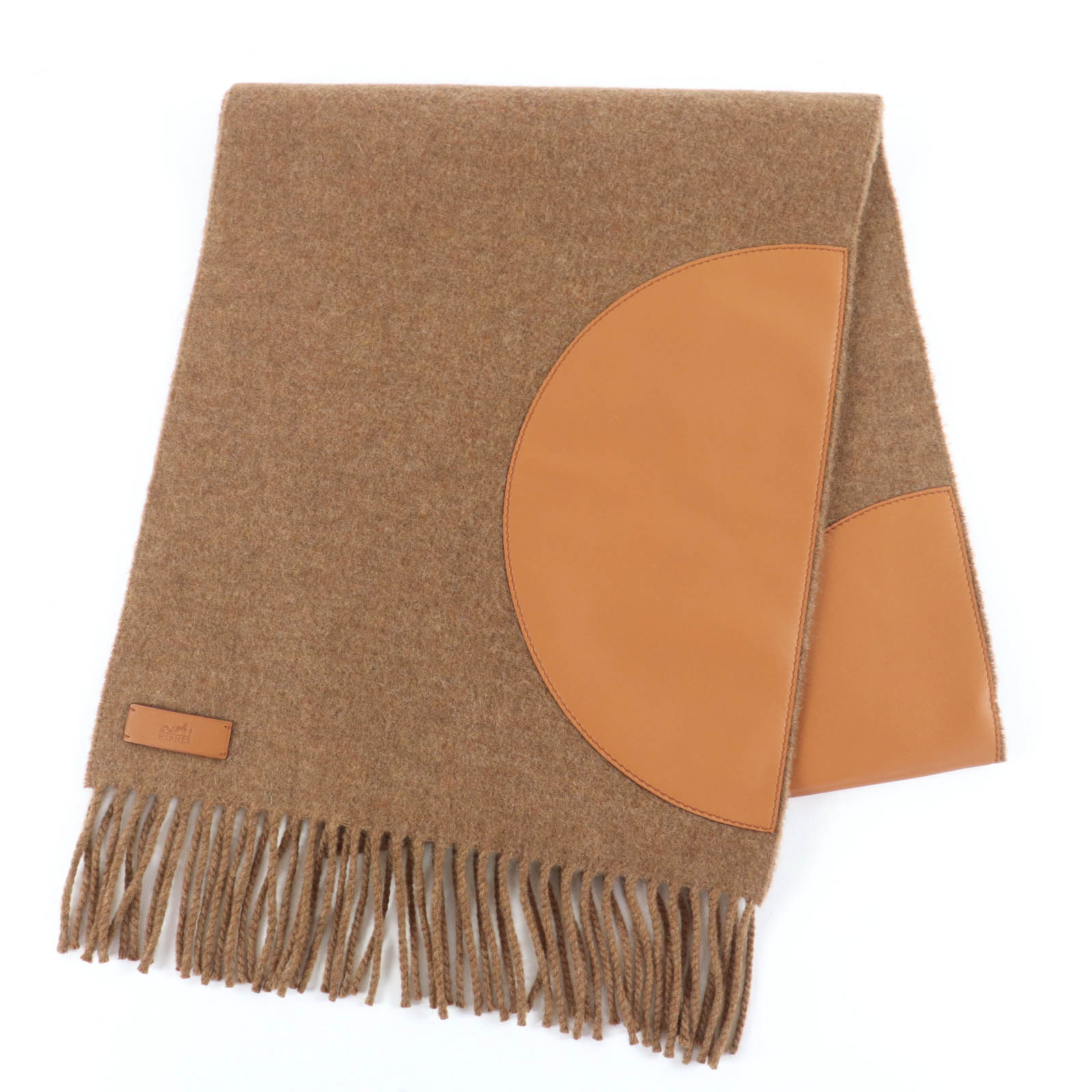 未当て嵌める品☆HERMES エルメス POIS CUIR カシミール100％ 子ヒツジなめし革使い走り パッチワーク えり巻き 赤銅色 箱付き添い人 イタリア製 定め事品 レディース【中古】