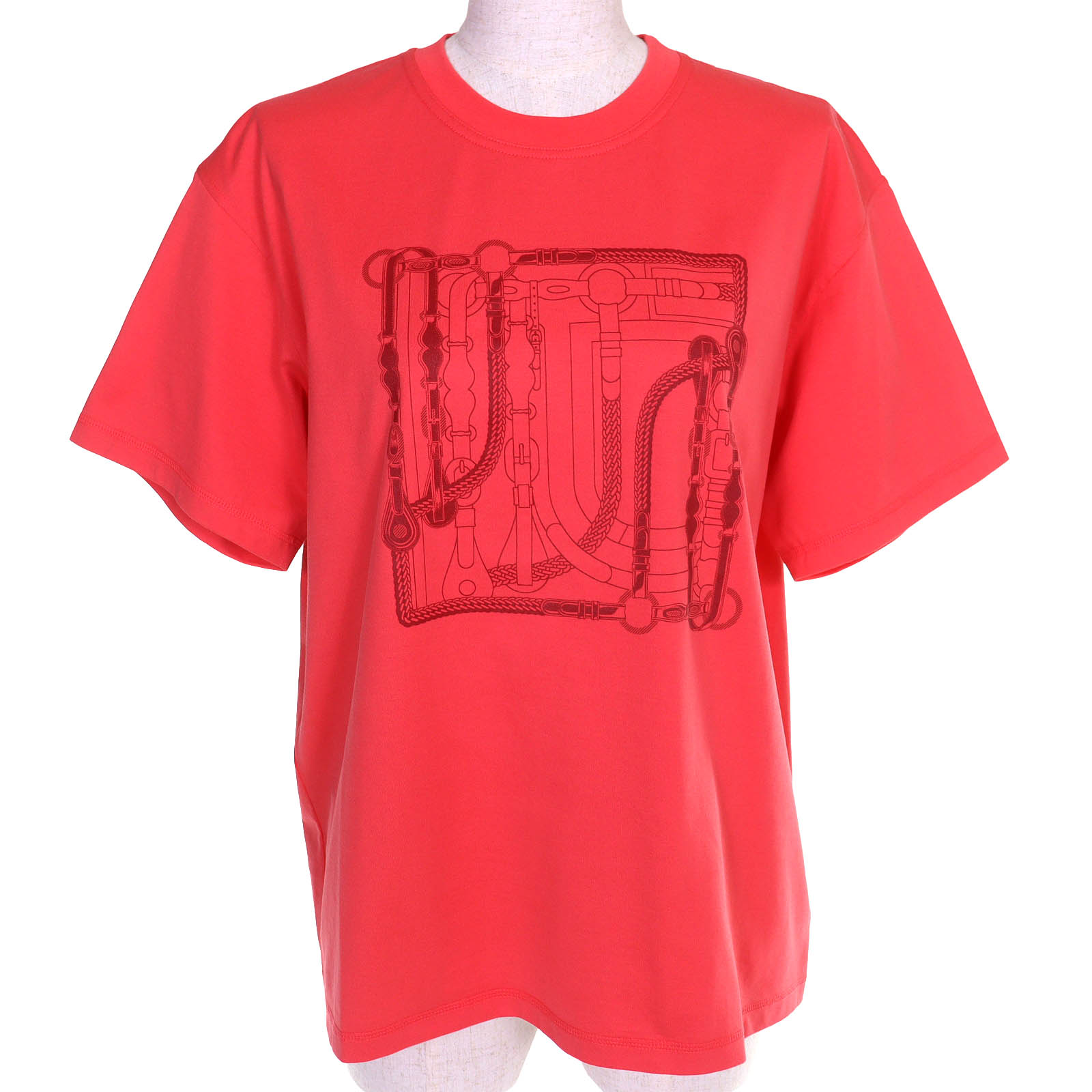 未使用品△HERMES エルメス 25SS 5E4647DA カルトゥッシュ Canoe micro コットン100％ クルーネック 半袖Ｔシャツ レッド系 36 フランス製 正規品 レディース【中古】