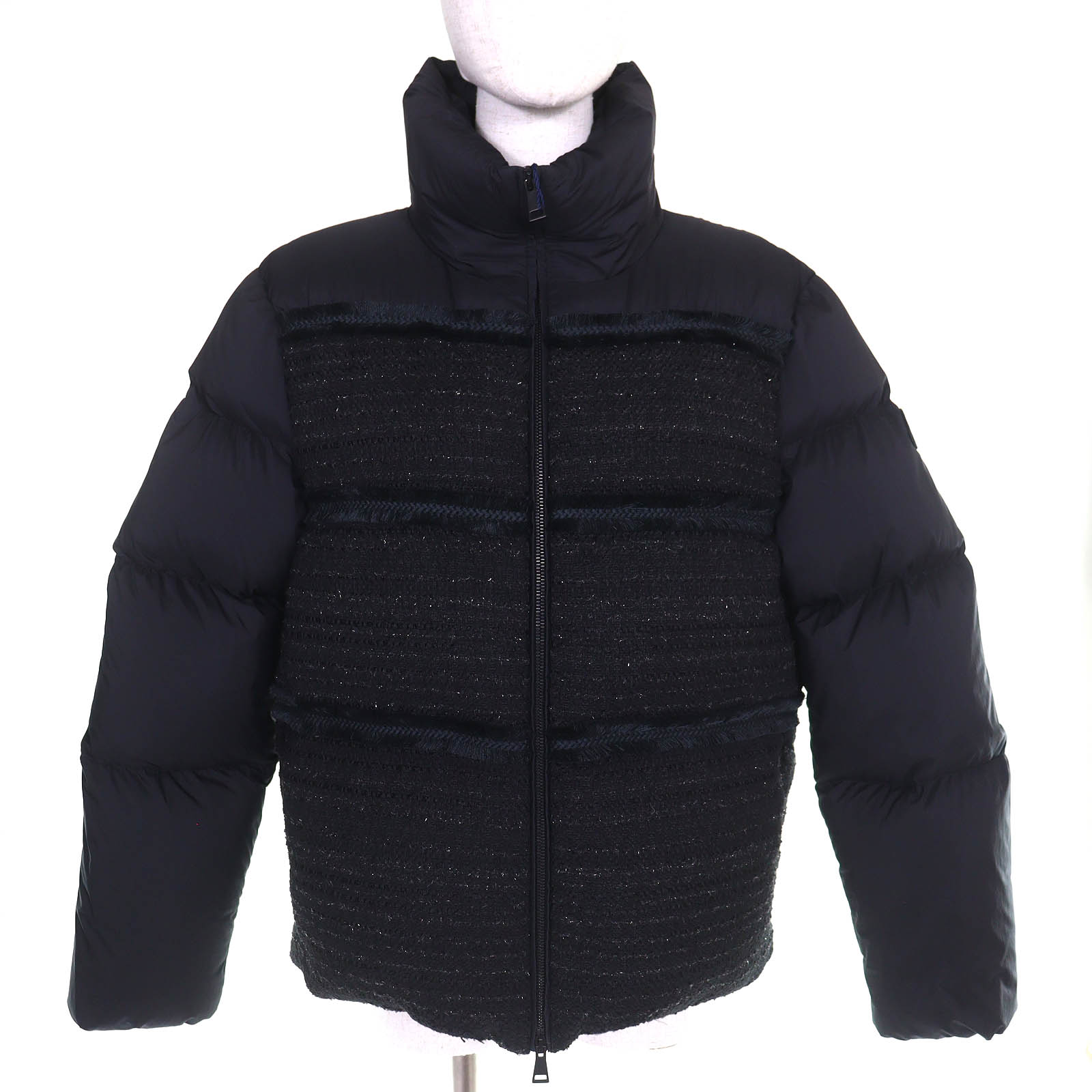 未当て嵌める品△MONCLER モンク線路 2022年製 AUCUN ロゴタイプ紋章 ツィードうつり変わり 照明ランプ色合い ダブルジップ 落ちこむ上衣 黒いこと 3 置き目品 レディース【中古】