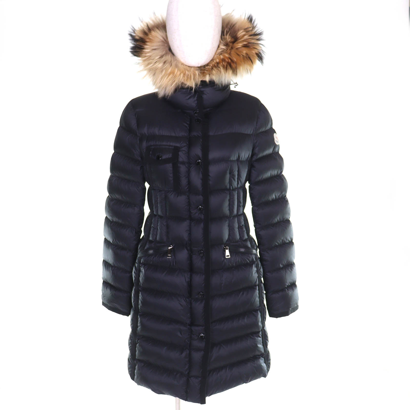 美品△MONCLER モンク線路 HERMIFUR エルミファー ロゴタイプ紋章 毛皮・ボンネット付き添い人 落ちこむ厚地の外套 黒いこと 1 置き目品 レディース オススメ◎【中古】