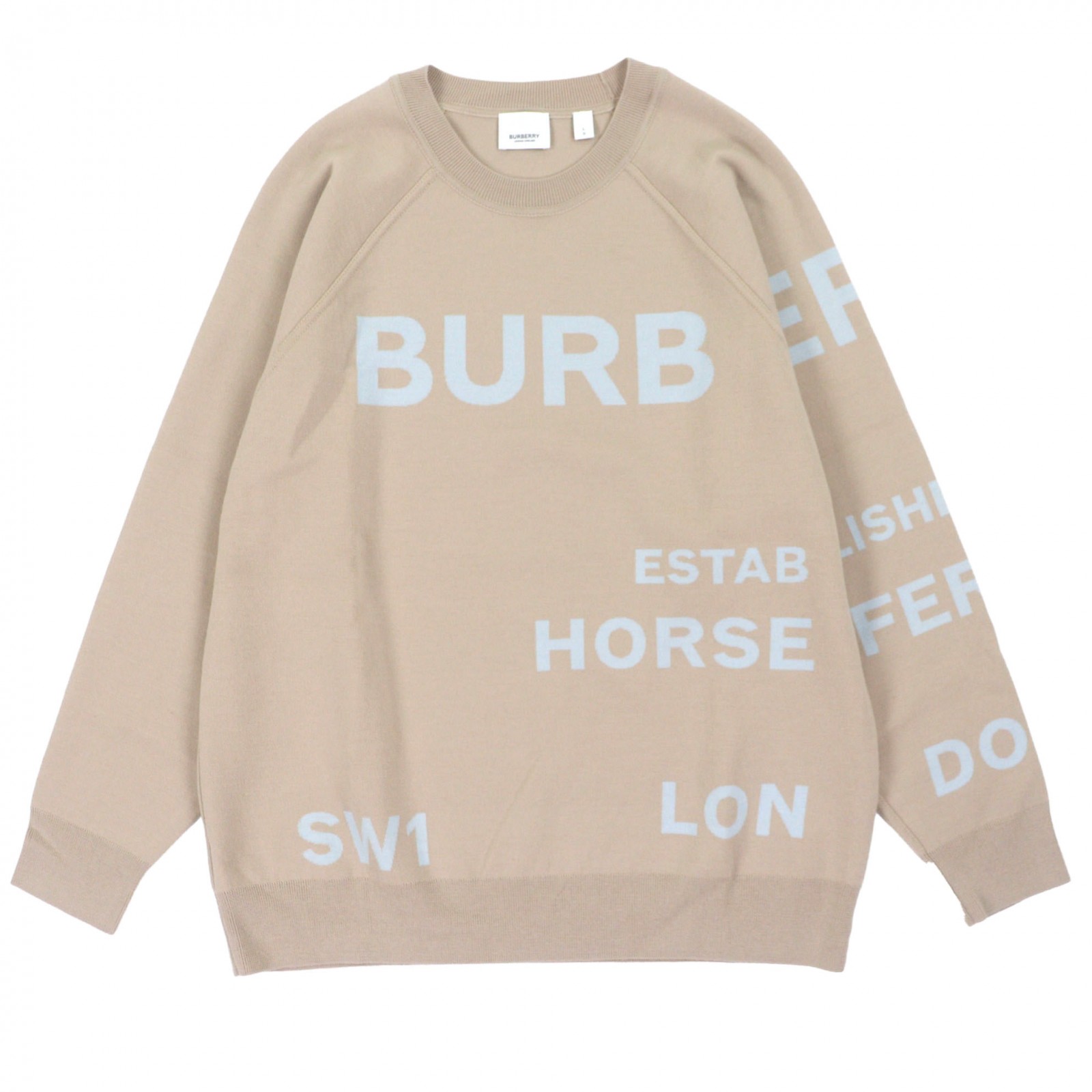 極美品▼BURBERRY バーバリー 8040224 ホースフェリー スーパーメリノウール92% クルーネック プルオーバー ニットセーター ベージュ L 正規品 メンズ【中古】
