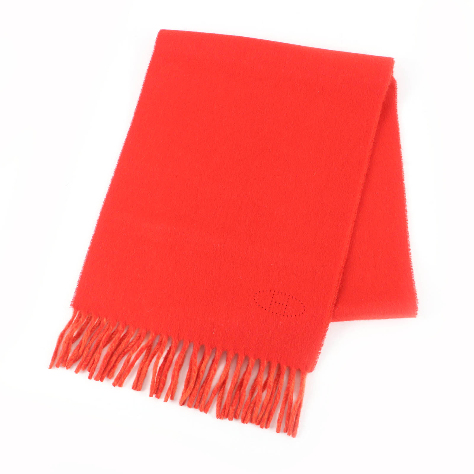 極美品★HERMES エルメス カシミヤ100％ ROUGE PAVOT/CAPUCINE リバーシブル Hロゴ パンチング フリンジ付 マフラー 箱付き イタリア製 レディース【中古】 31,460円