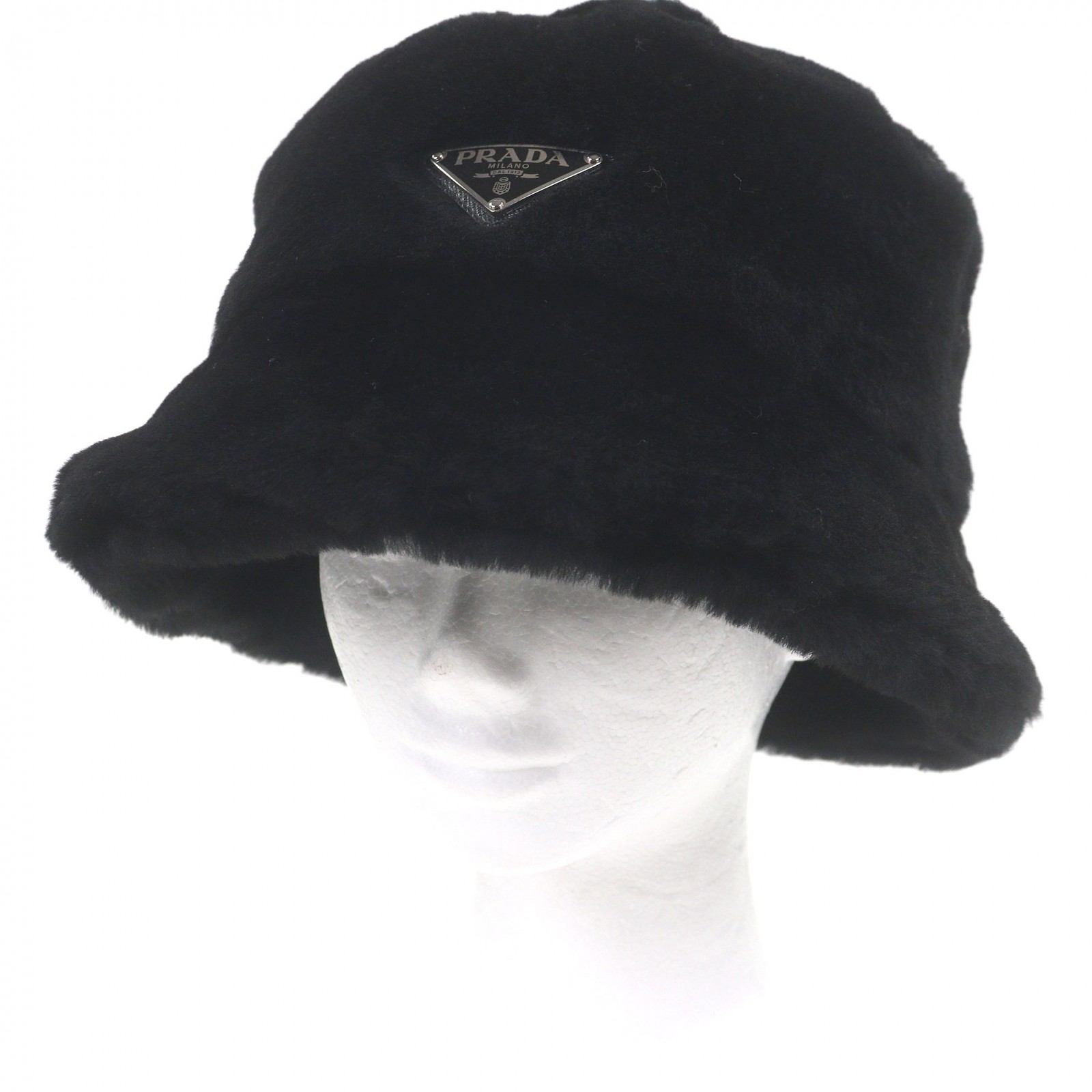 極美品□PRADA プラダ 2023年製 2HC137 シープスキン染毛革 ３角形ロゴタイプ 井戸釣瓶かぶり笠 鳥打ち帽 黒いこと XL イタリア製 定め事品 メンズ【中古】