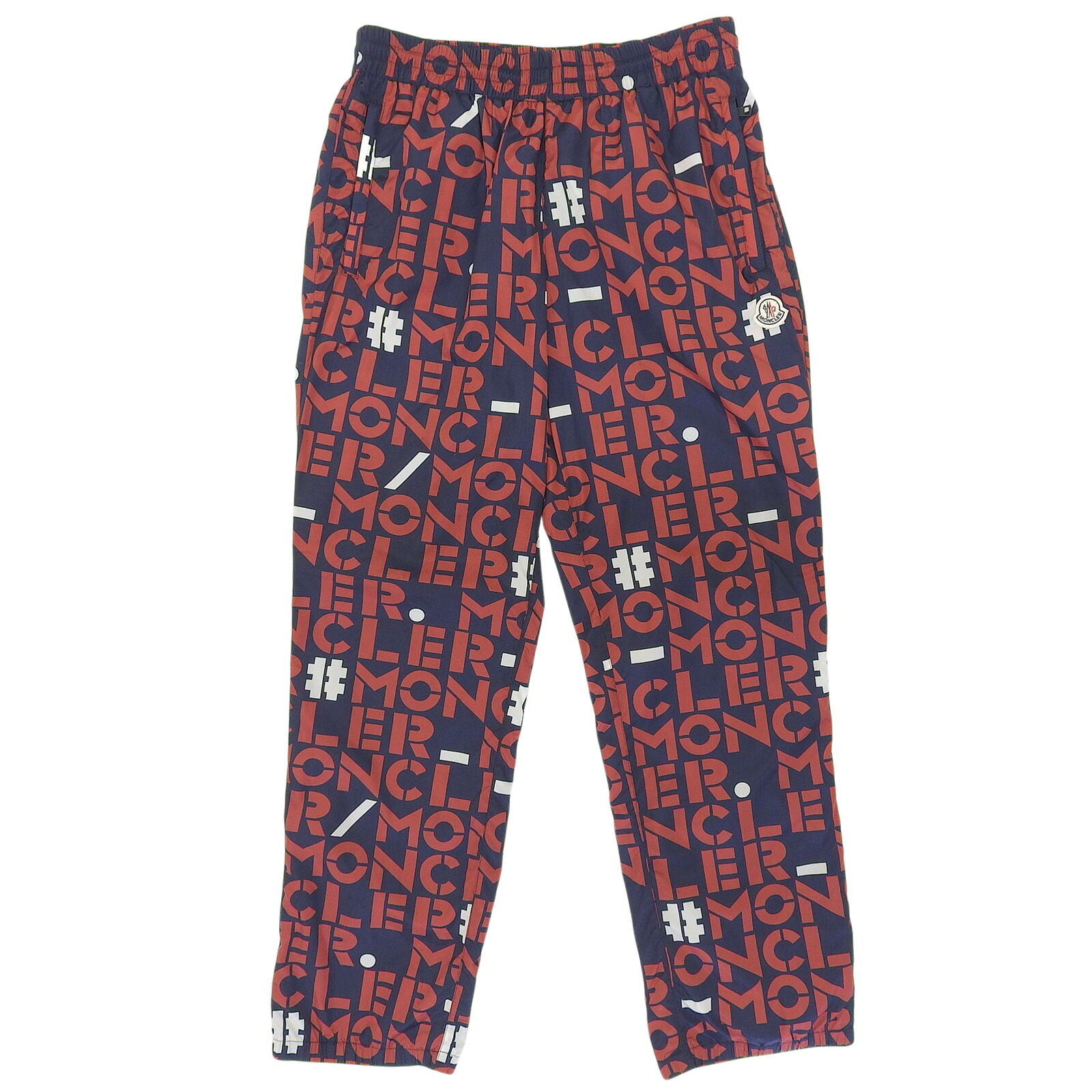 美品▲MONCLER GENIUS 2 モンクレール ジーニアス 2 PANTALONE SPORTIVO 総ロゴプリント ワッペン付き パンツ ネイビー レッド ホワイト 48 正規品 メンズ【中古】
