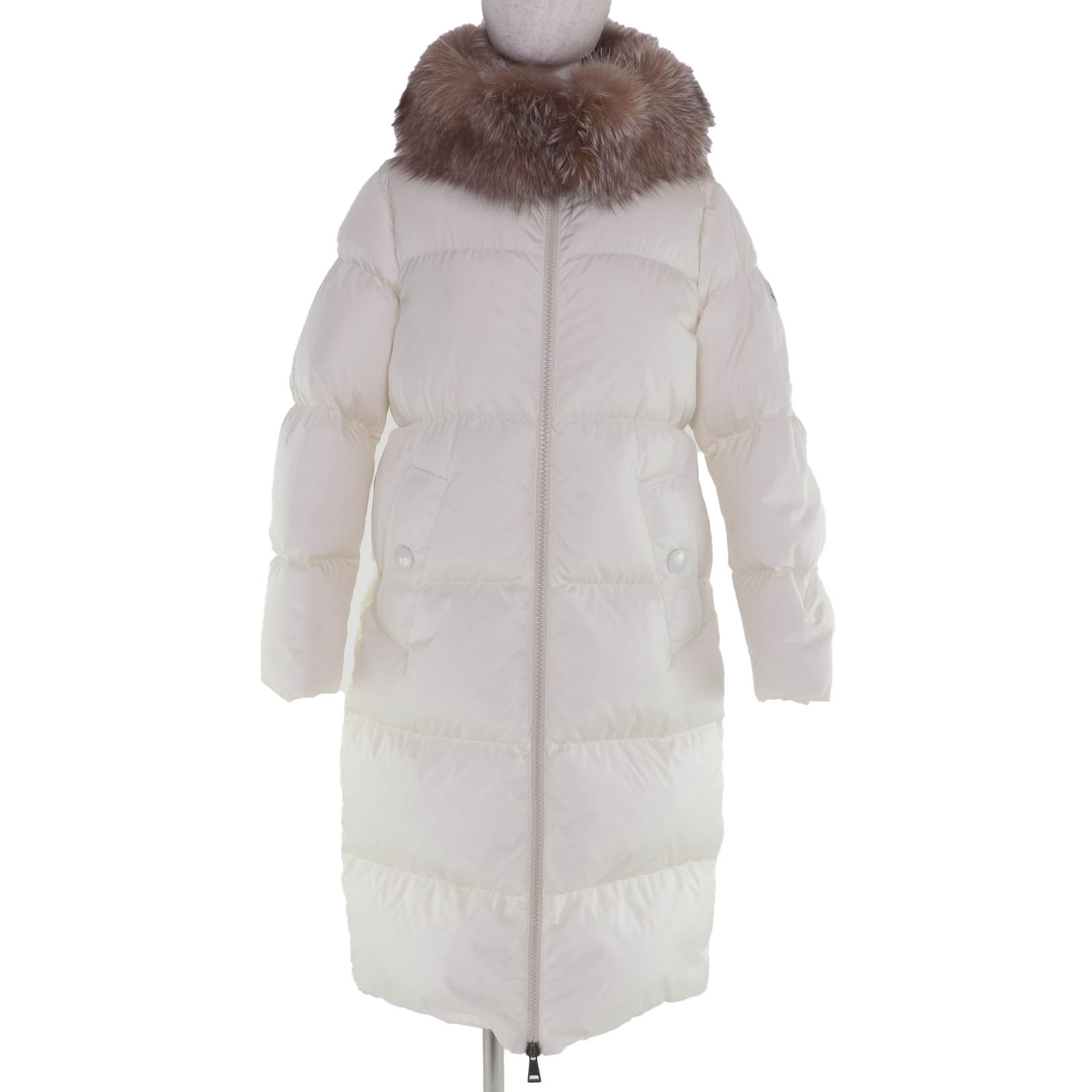 美品☆MONCLER モンクレール MARRIONNIER ロゴワッペン・フード付 ロング丈 ダウンコート アイボリー 0 ハンガー・ガーメント付き 正規品 レディース【中古】
