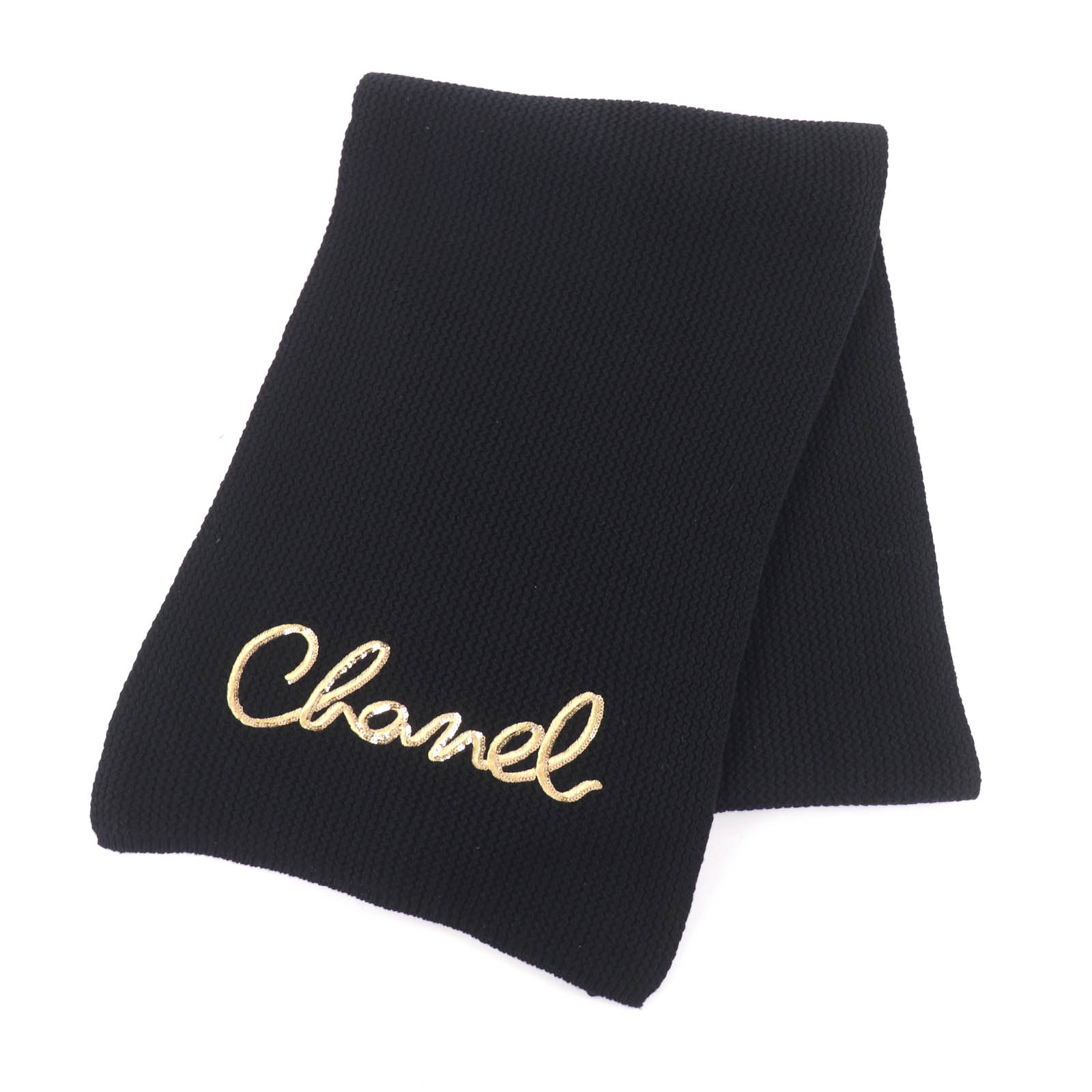 美品★CHANEL シャネル 2022年製 22A カシミヤ100％ 筆記ロゴ刺繍 スパンコール ニット マフラー ストール ブラック イタリア製 レディース【中古】