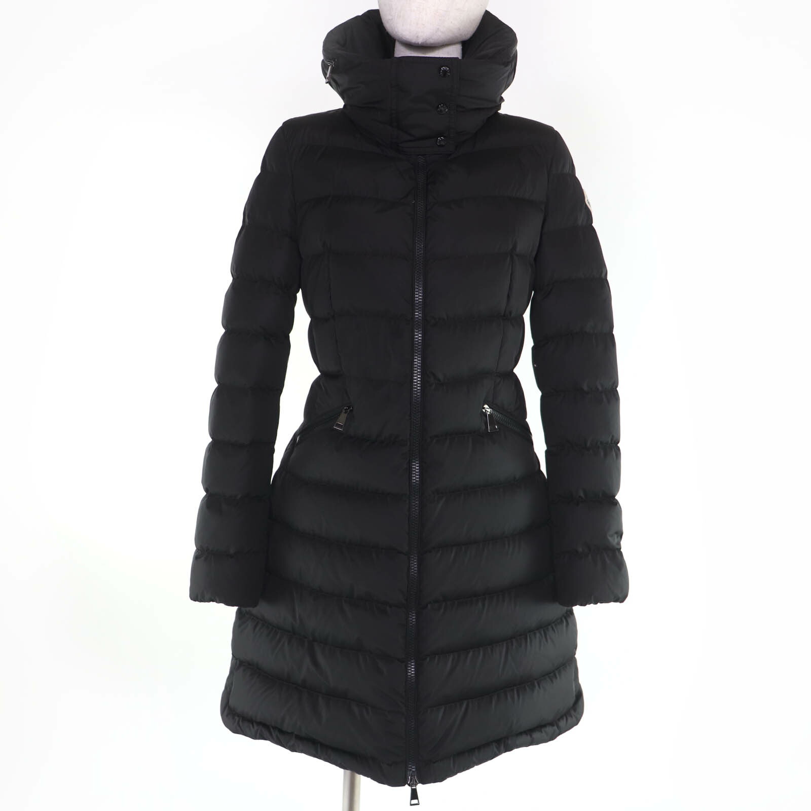 美品☆MONCLER モンクレール 20-21AW FLAMMETTE フラメッテ ロゴワッペン・フード付 ダウンコート ブラック 0 正規品 レディース【中古】