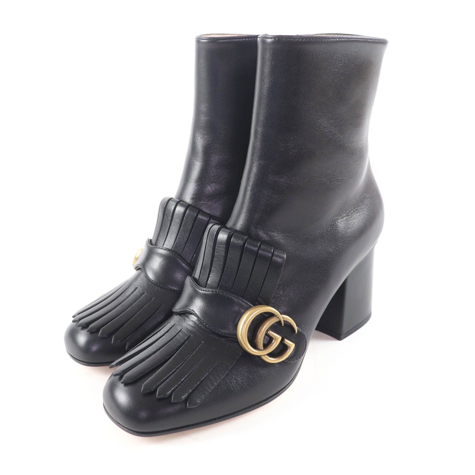 未使用品★GUCCI グッチ 408210 GGマーモント タッセル サイドジップ レザー ショートブーツ ブラック ゴールド金具 38 保存袋付き イタリア製 レディース【中古】