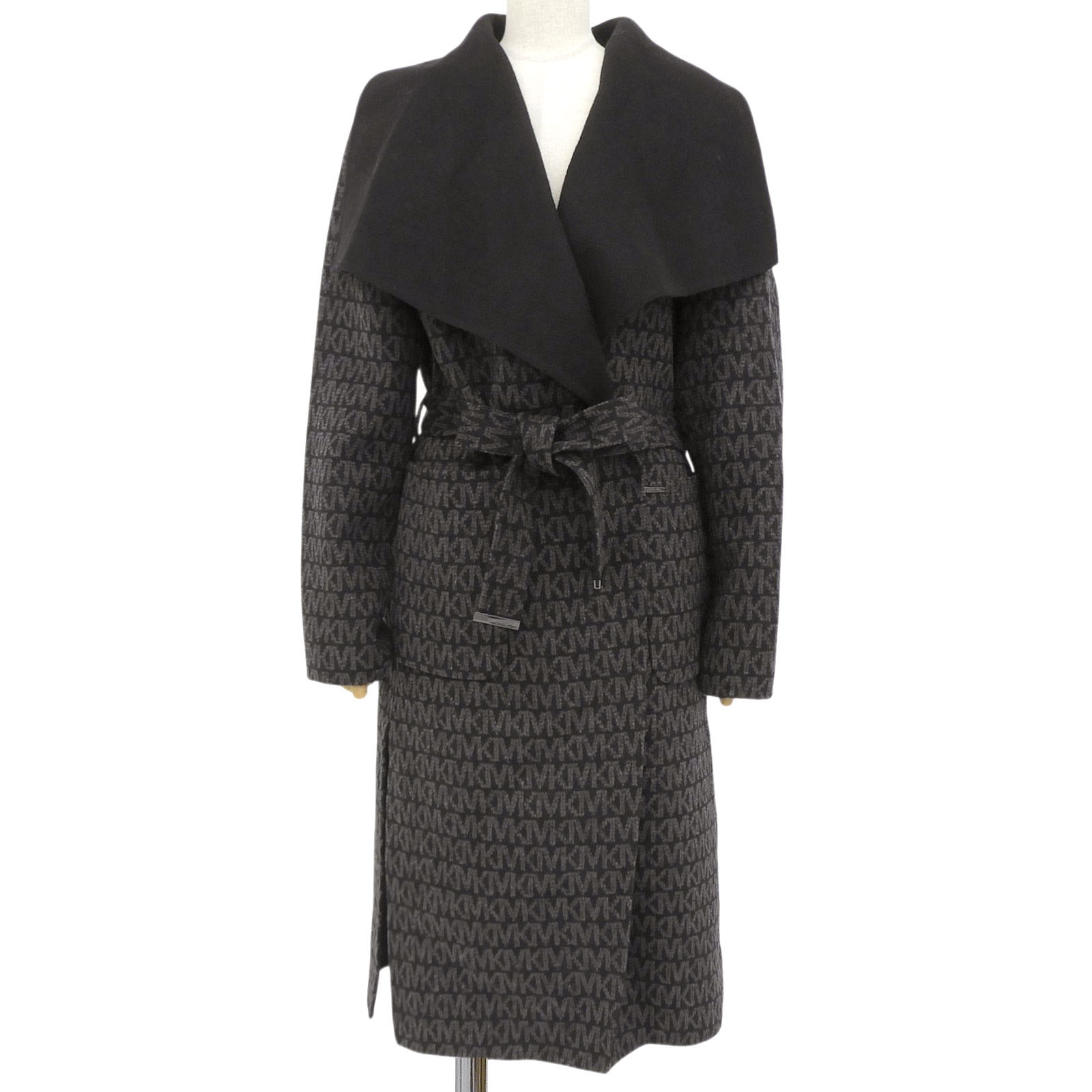 美品▲Michael Kors マイケルコース 77Q5443M22 ウール MKシグネチャー ダブルフェイス ベルト付 ロングラップ コート ブラック グレー M 正規品 レディース【中古】