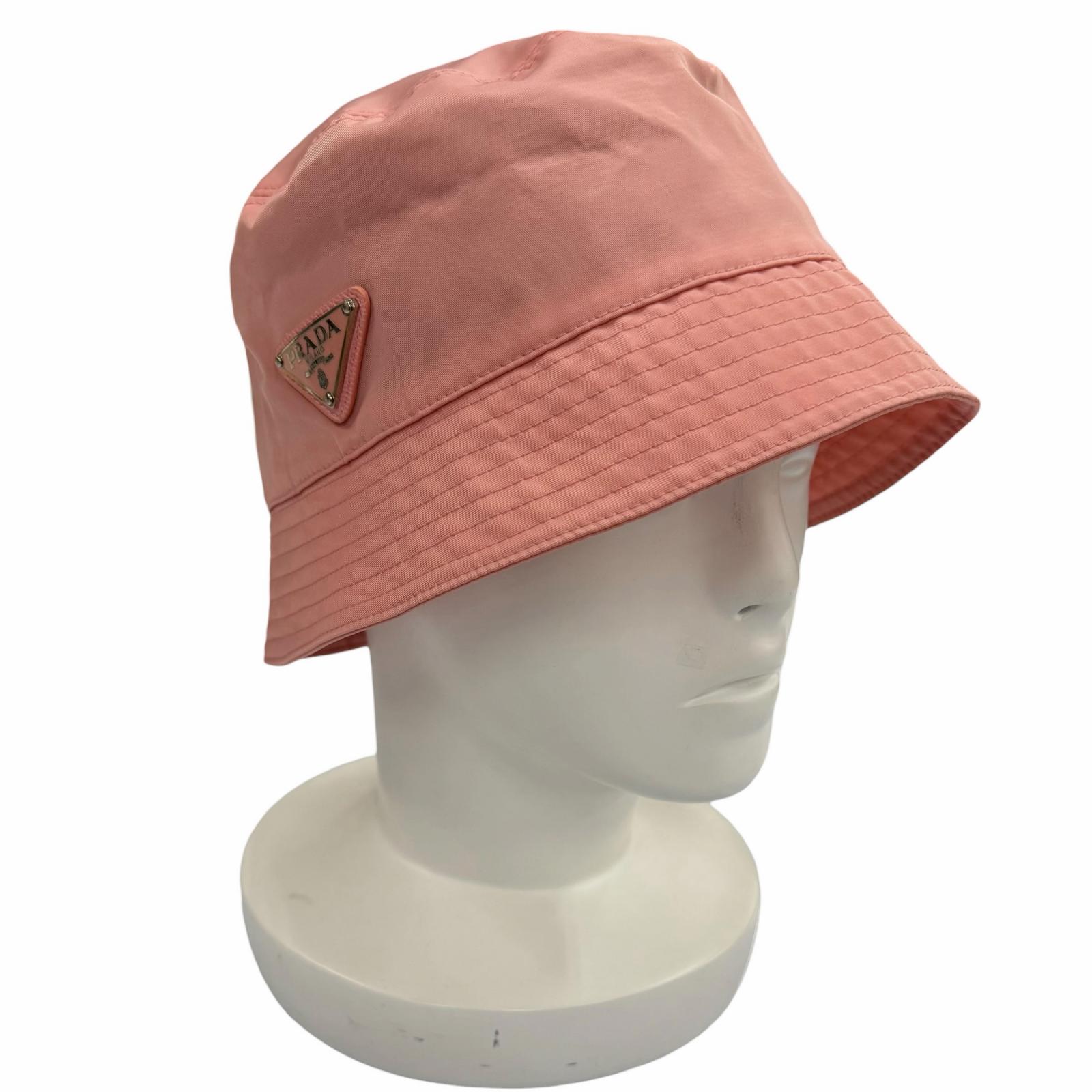 極美品◇PRADA プラダ 裏地コットン100％ レザー使い トライアングルロゴプレート バケットハット 帽子 ピンク M イタリア製 レディース【中古】