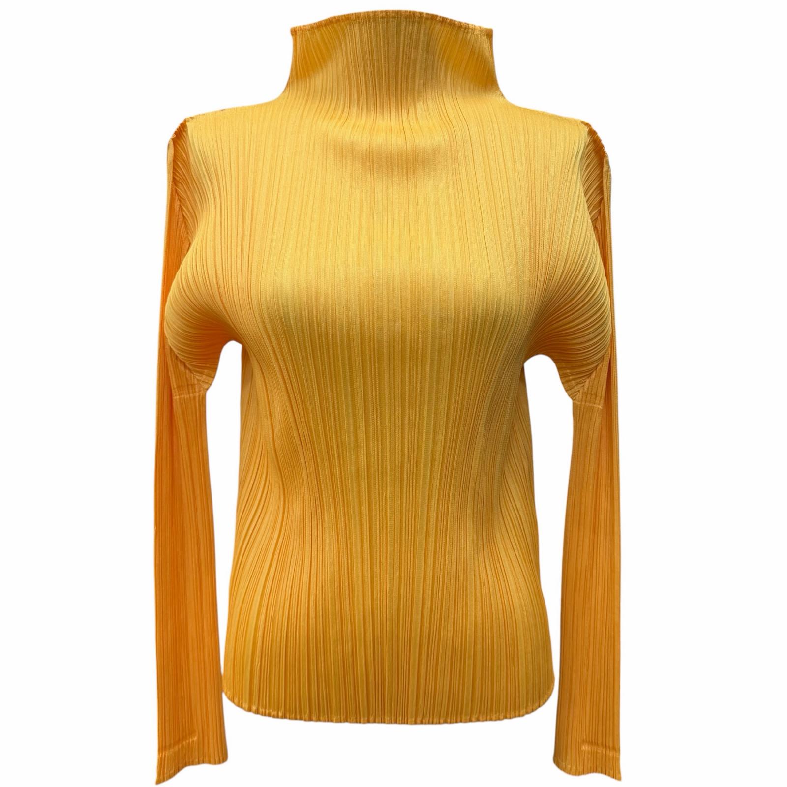 極美品★PLEATS PLEASE 筋目プリーズ イッセイミヤケ PP61-JK122 ハイネック 長袖 カットソー 黄色 3 日本製 置き目品 レディース【中古】