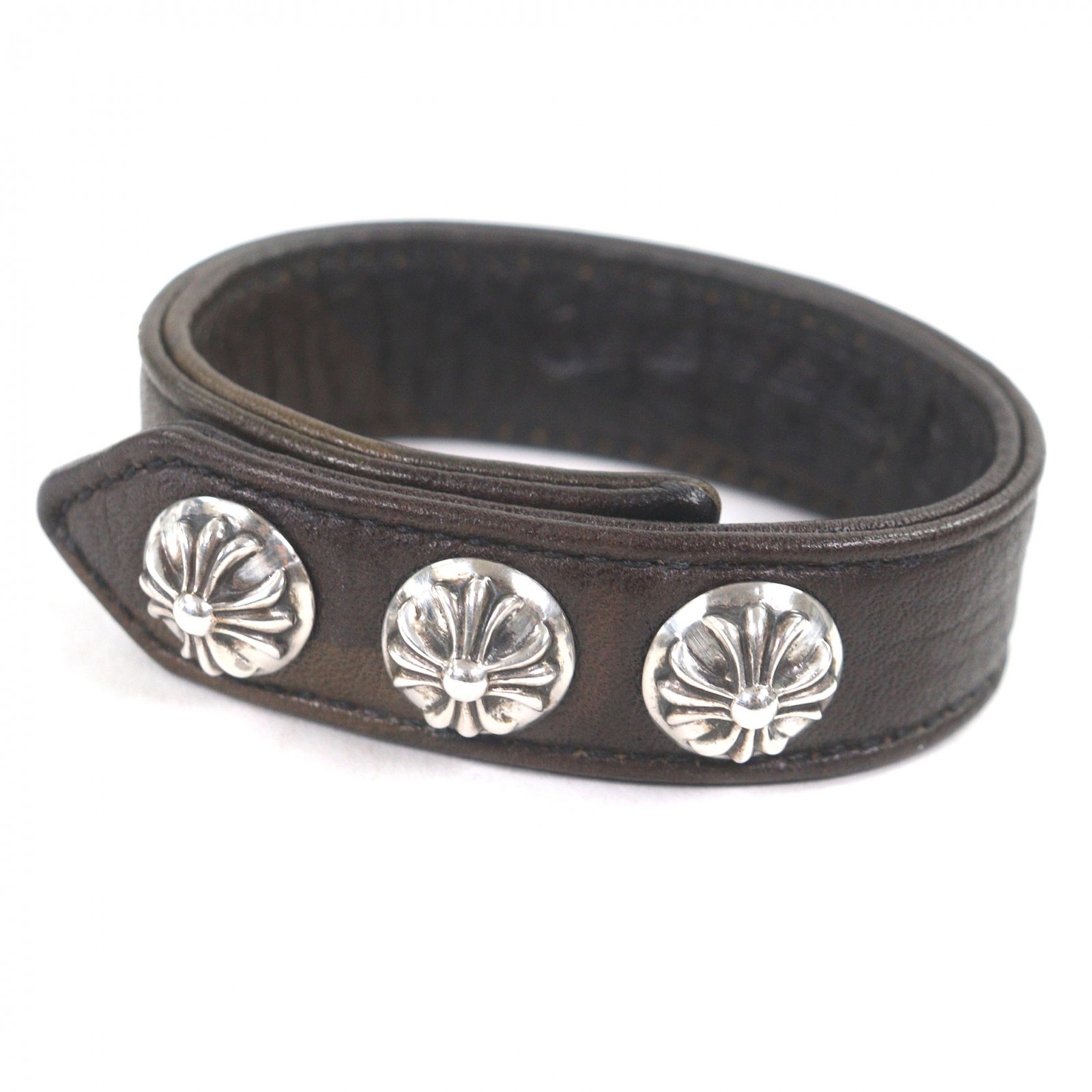 美品□CHROME HEARTS クロムハーツ 3BTN 2SNP クロスボール 3名取り草2隙間 なめし革腕輪  なめし革 SV925  佩び物 家鴨フラ しろがね色 メンズ【中古】