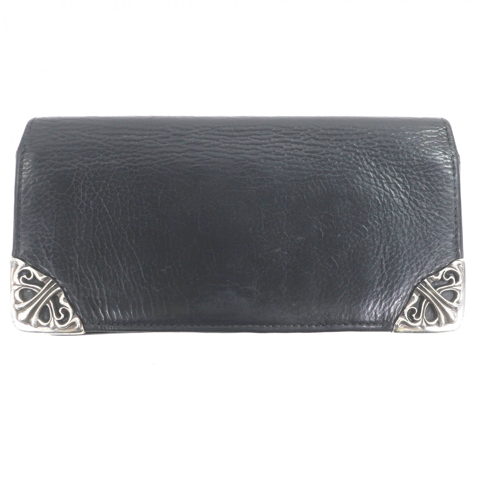 良品□CHROME HEARTS クロムハーツ スクロールラベル レザー シングルフォールド ウォレット 二つ折り 長財布 札入れ ブラック シルバー メンズ【中古】