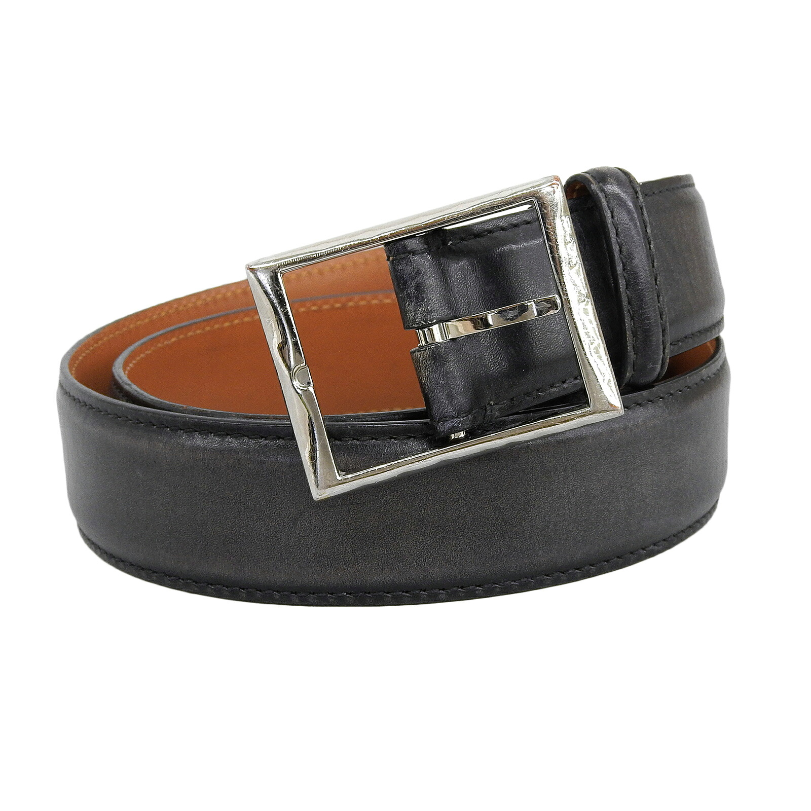 良品▲BERLUTI ベルルッティ ピンバックル なめし革 胴締め 黒いこと しろがね色金具 85 34 イタリア製 メンズ 商行為◎【中古】