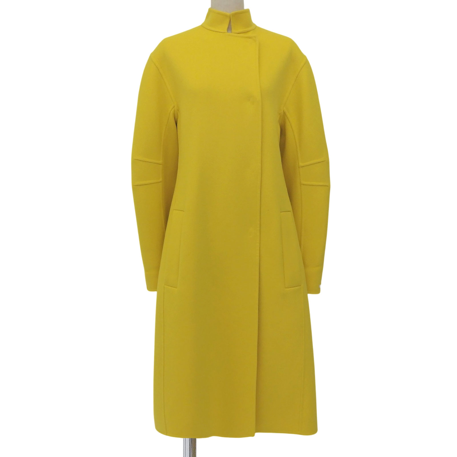 未使用品▲SPORTMAX スポーツマックス ウール カシミヤ 比翼仕立て ビジュー付き スタンドカラー ロングコート イエロー 42 正規品 レディース【中古】