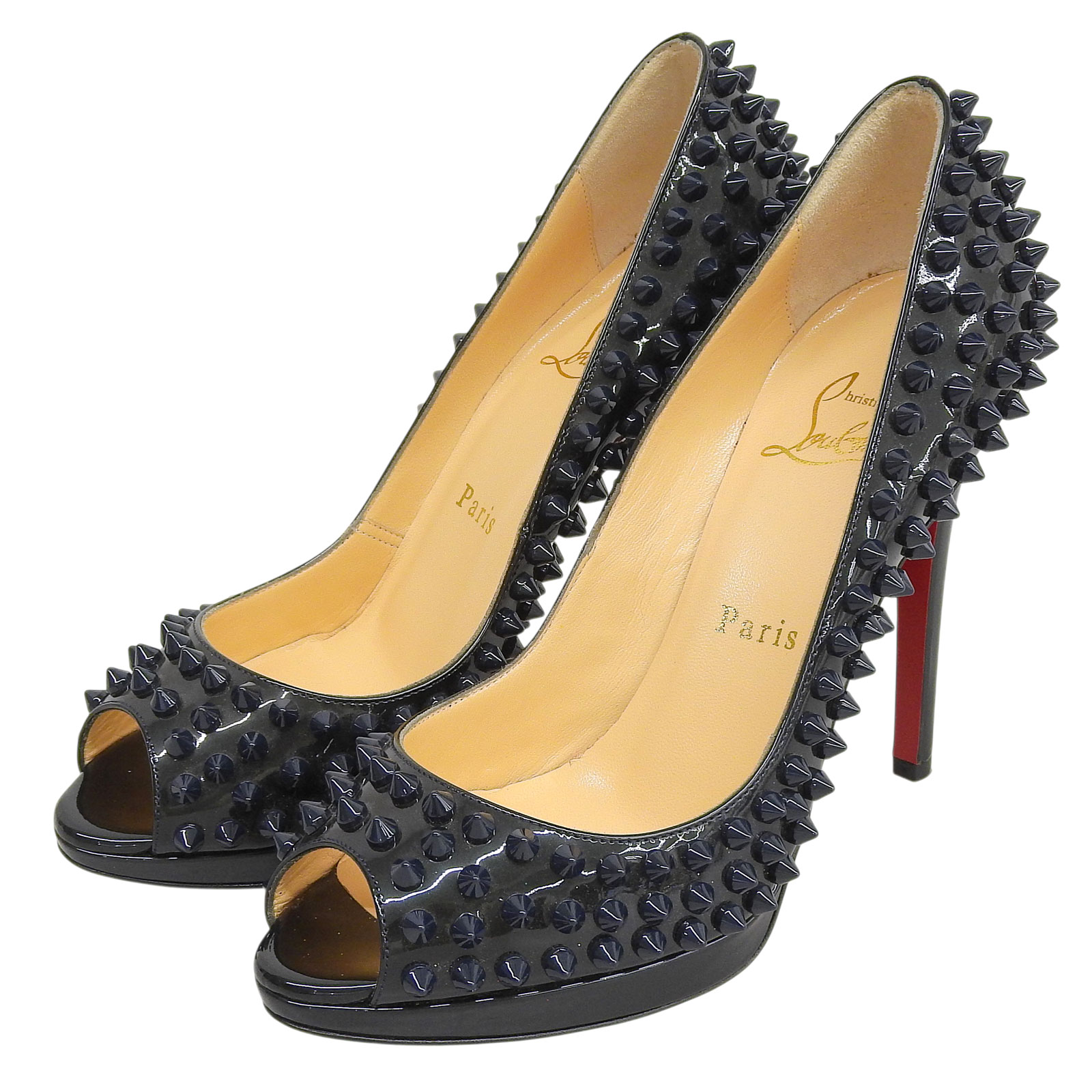 極美品▲Christian Louboutin クリスチャンルブタン スパイクスタッズ オープントゥ 専売特許なめし革 パンプス 緑であること 米国海軍 36.5 保護すること袋付き添い人 イタリア製 レディース【中古】