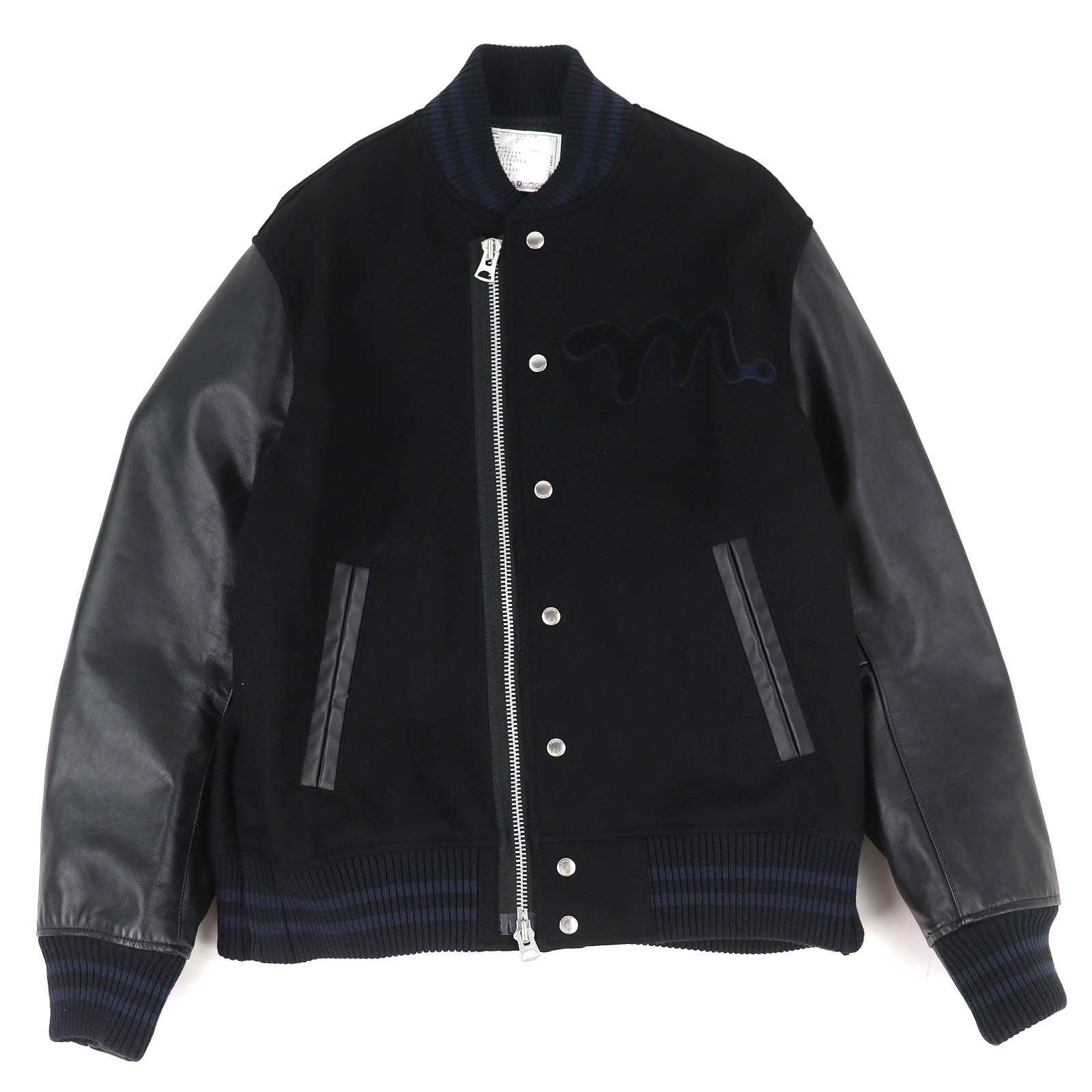 極美品△sacai MADSAKI サカイ マサキ WOOL MELTON BLOUSON 袖レザー切替 スローガン ウールメルトン ブルゾン ボンバージャケット ブラック 4 日本製 正規品 メンズ【中古】