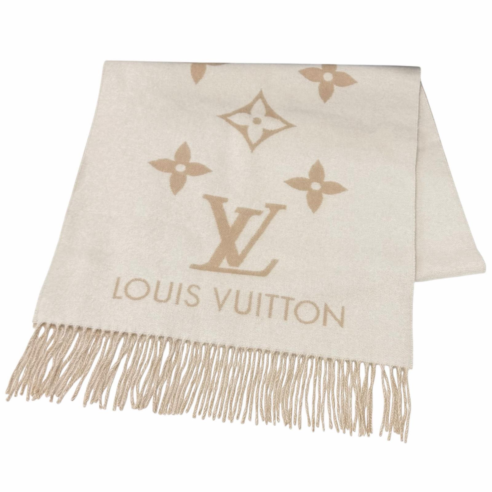 美品★LOUIS VUITTON ルイヴィトン 2025年製 M78123 えり巻き･レイキャビック カシミール100％ ベージュ 付け届け品 ロゴタイプひな形 フリンジ付 大判 えり巻き 箱付き添い人 イタリア製 レディース【中古】