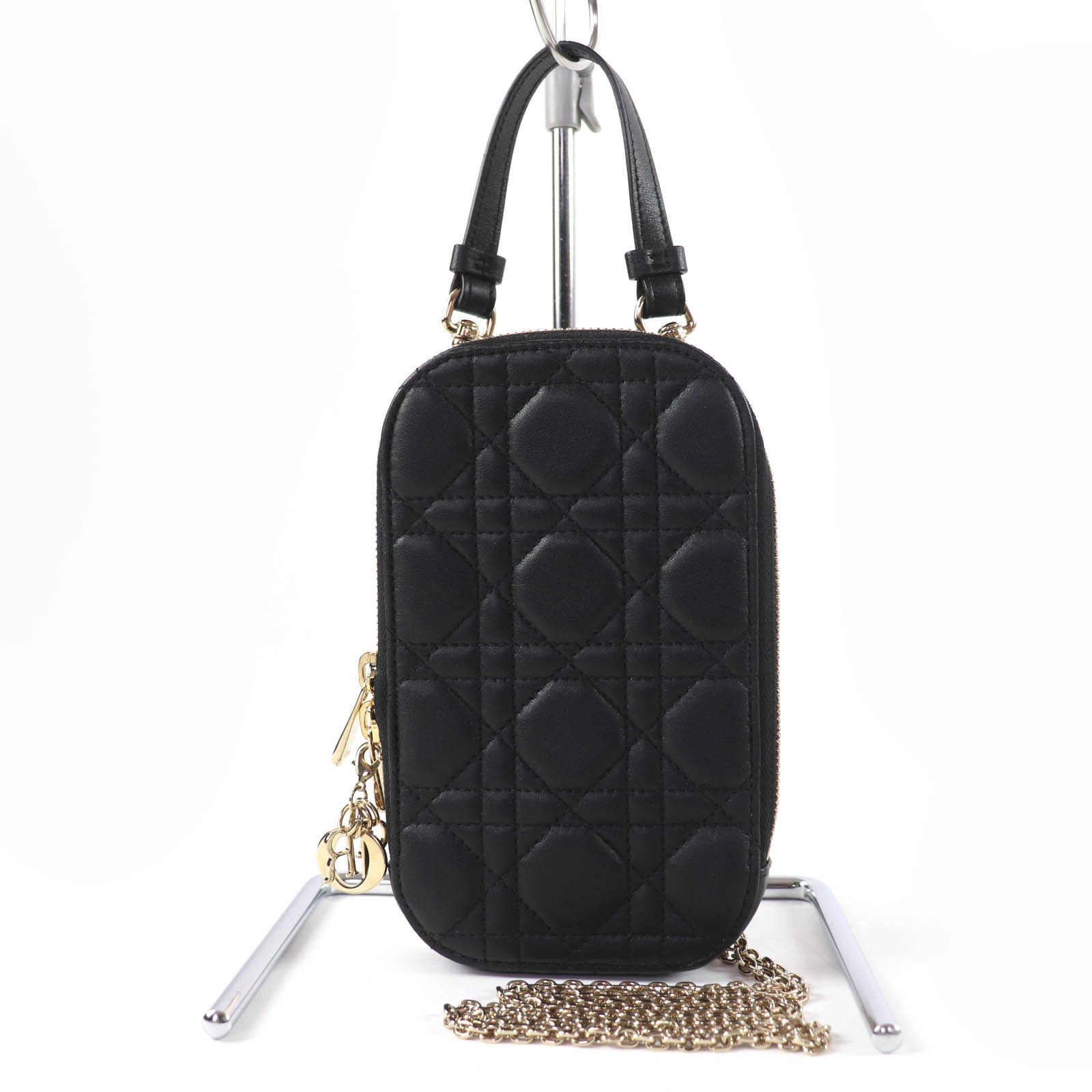極美品☆Christian Dior クリスチャンディオール S0872ONMJ Lady Dior Callin Dior フォンホルダー カナージュ ラムスキン スマホホルダー ショルダーバッグ ブラック 箱・保存袋付き イタリア製 レディース【中古】