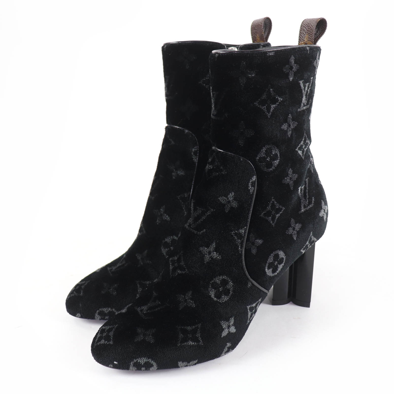 極美品☆LOUIS VUITTON ルイヴィトン 影ぼうし・生産ライン モノグラム 天鵞絨 遊撃手ブーツ 黒いこと 37.5 箱・保護すること袋付き添い人 イタリア製 レディース【中古】