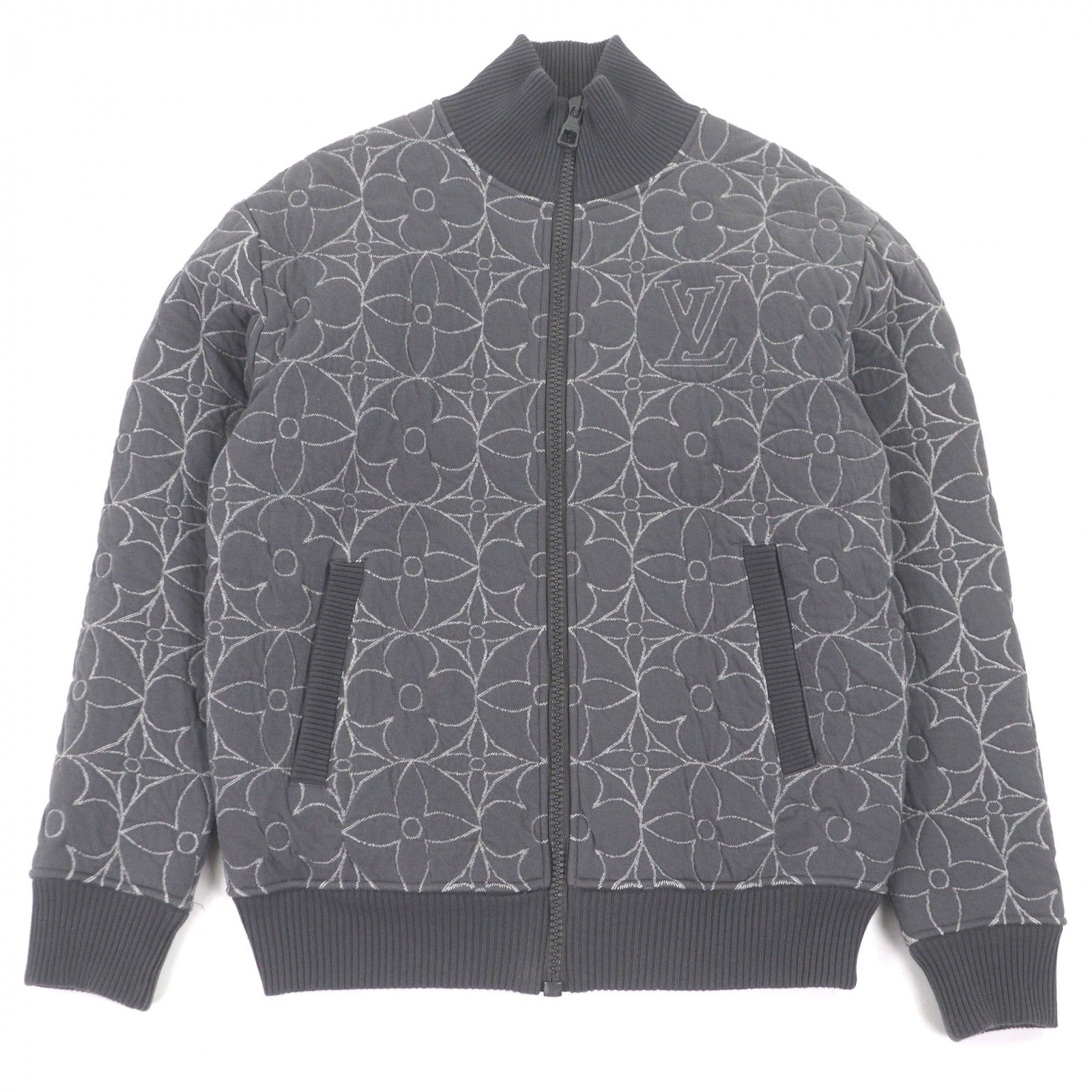 美品□LOUIS VUITTON ルイヴィトン 21AW モノグラム LVロゴ ジップスルー キルティング ブルゾンジャケット グレー XS イタリア製 正規品 メンズ【中古】