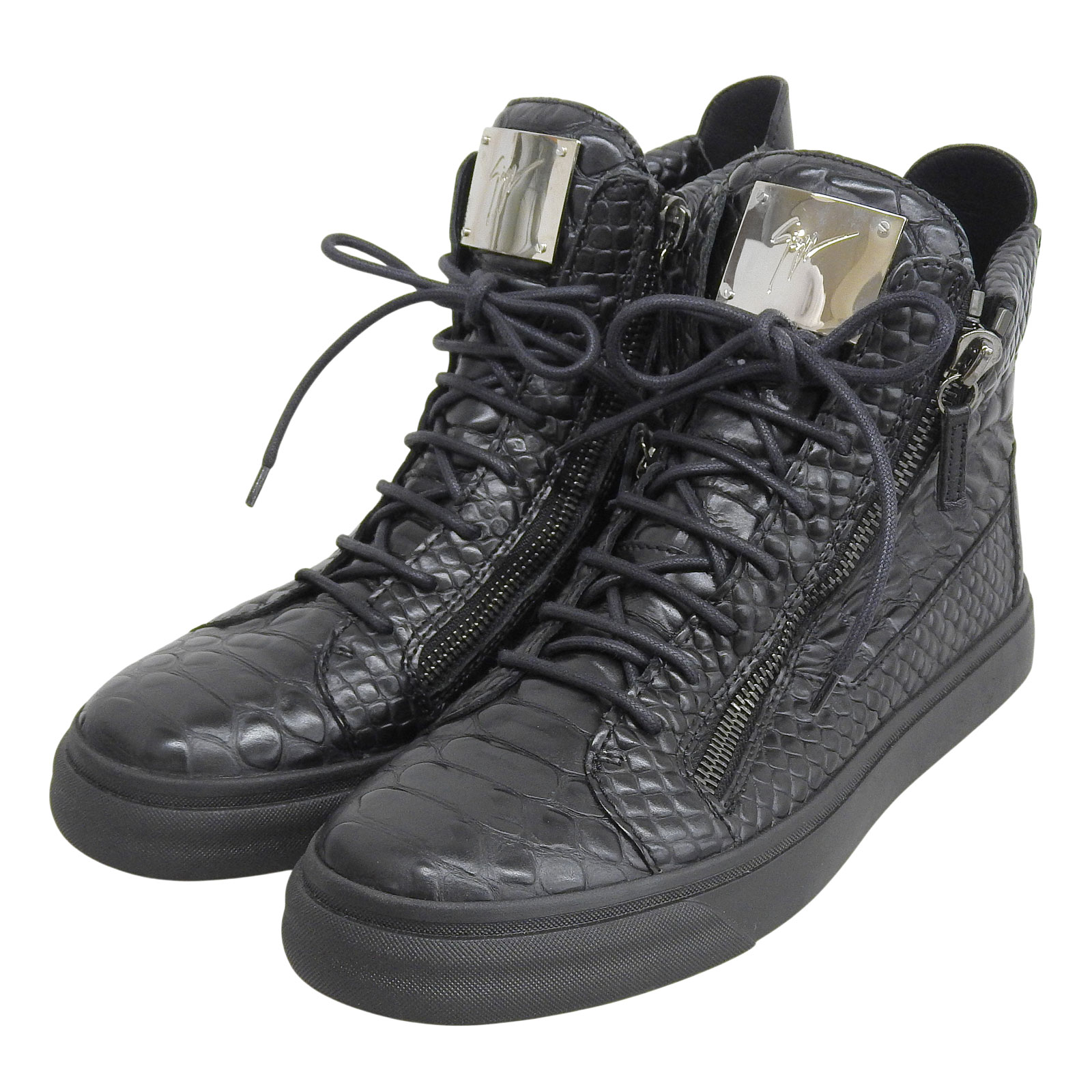 未使用品▲GIUSEPPE ZANOTTI ジュゼッペザノッティ ロゴプレート付 クロコ型押し レザー ハイカットスニーカー ブラック 43 イタリア製 メンズ【中古】