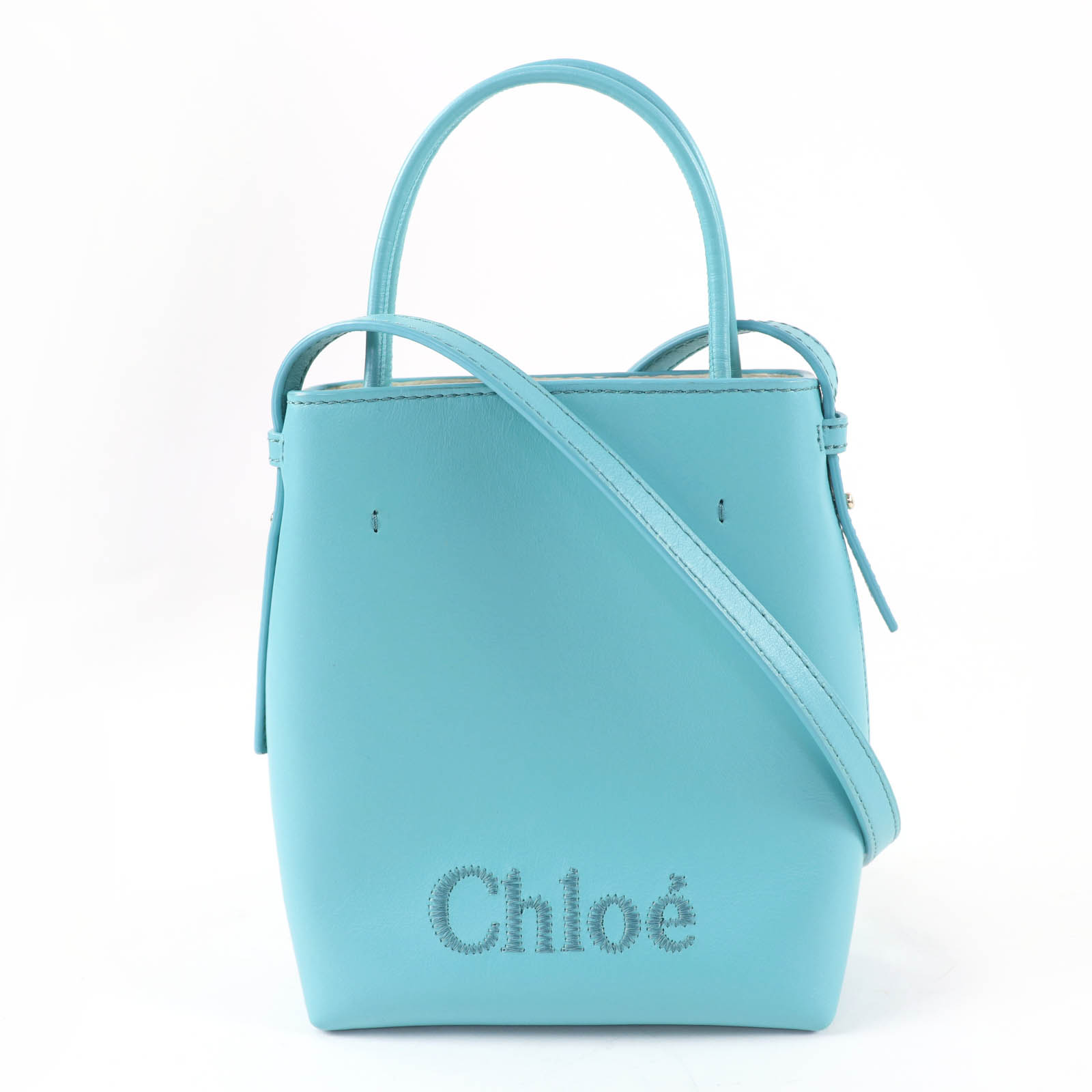 極美品☆Chloe クロエ CHC23UP873I1046K センス マイクロトートバッグ ロゴ刺繍 レザー ショルダーバッグ ブルー 保存袋付き レディース【中古】