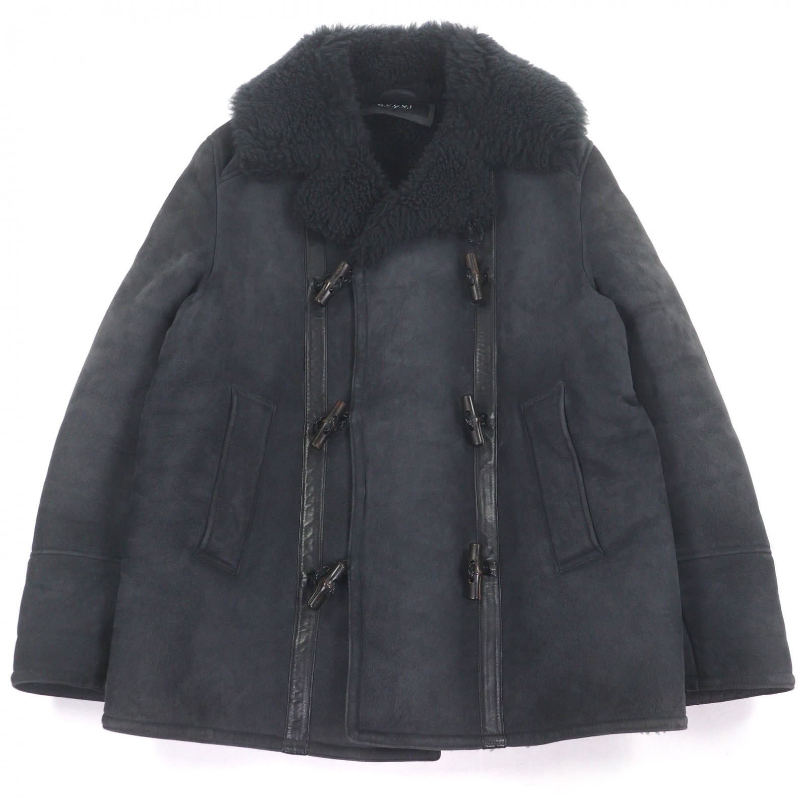 美品□GUCCI グッチ 327734 羊毛皮 牛革 トグルボタン ダブルブレスト ムートンジャケット レザージャケット ブラック 50 イタリア製 正規品 メンズ【中古】